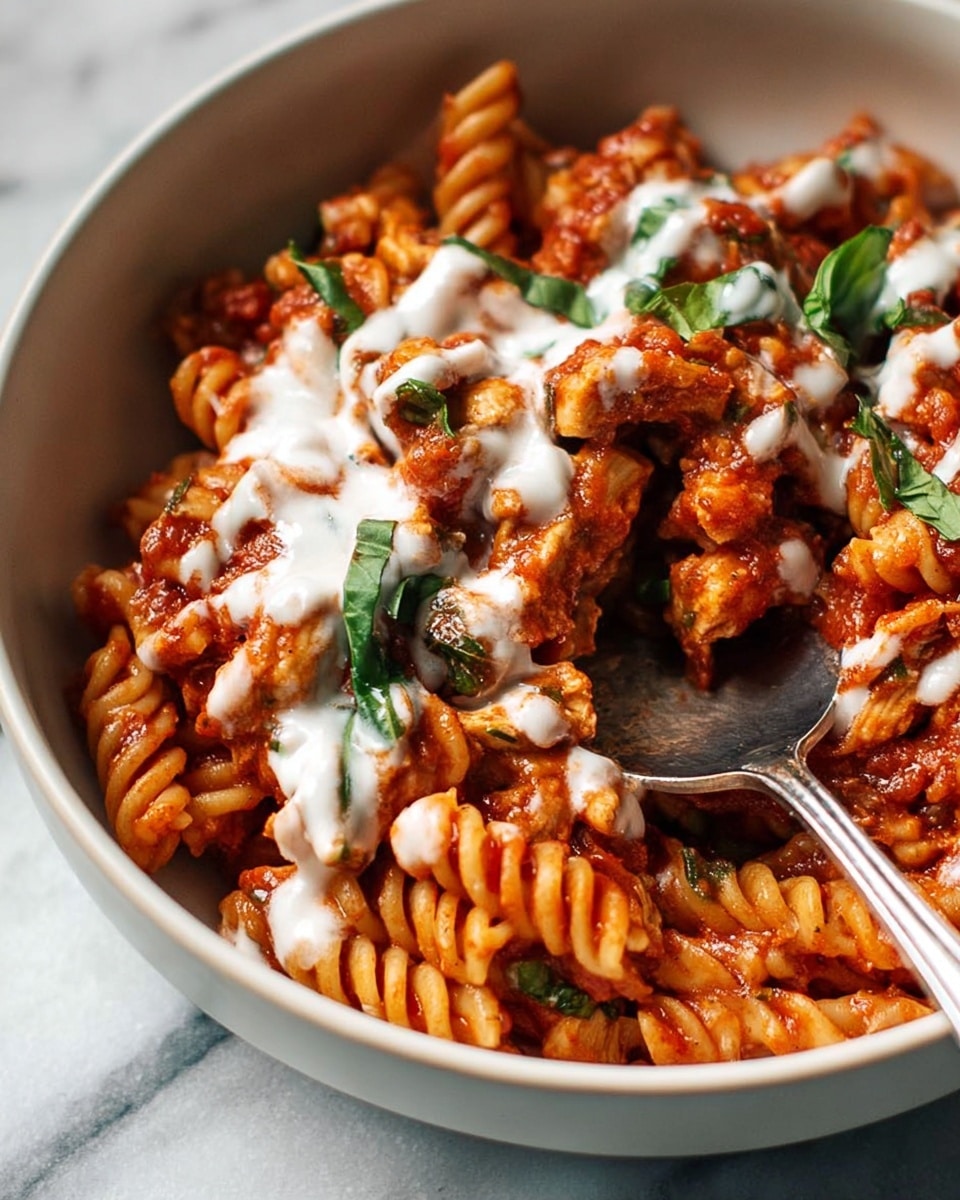 A close-up of a white bowl filled with rotini pasta covered in a rich red tomato sauce mixed with small chunks of what looks like chicken. The sauce has a thick texture and is mixed well with the pasta, which has a spiraled shape. On top, there are uneven streams of white creamy cheese sauce and green basil leaves scattered, adding a fresh contrast. A silver spoon is partially submerged in the pasta on the right side of the bowl. The background is a white marbled surface. Photo taken with an iphone --ar 4:5 --v 7