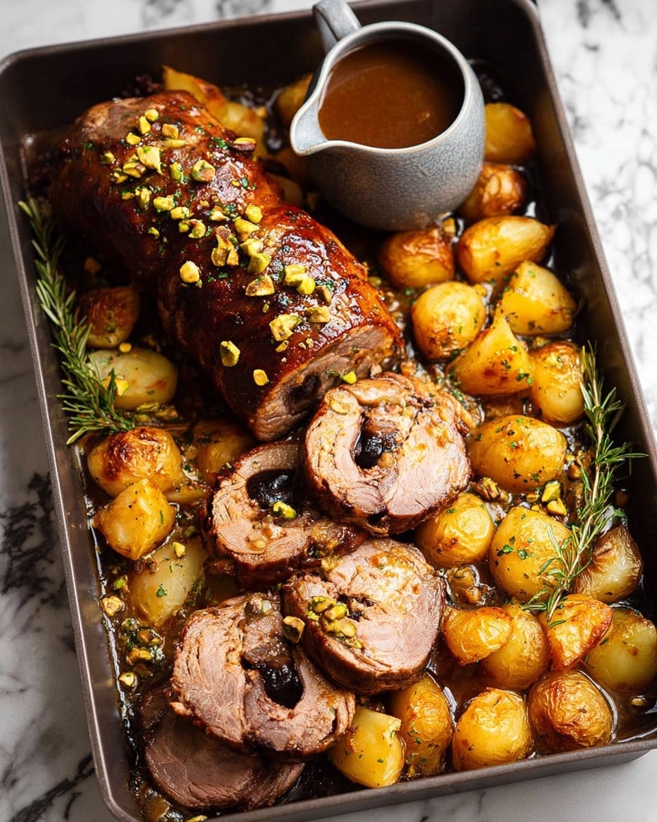 A roasting pan filled with a whole cooked meat roll with a shiny dark brown crust, sliced into five pieces showing a black filling inside; around the meat, there are many golden-brown roasted potato chunks with some green herb sprigs on the right side. On the left bottom corner, there is a small gray ceramic gravy pitcher filled with brown sauce. The meat is sprinkled with chopped green nuts or herbs. The background is a white marbled texture. photo taken with an iphone --ar 4:5 --v 7