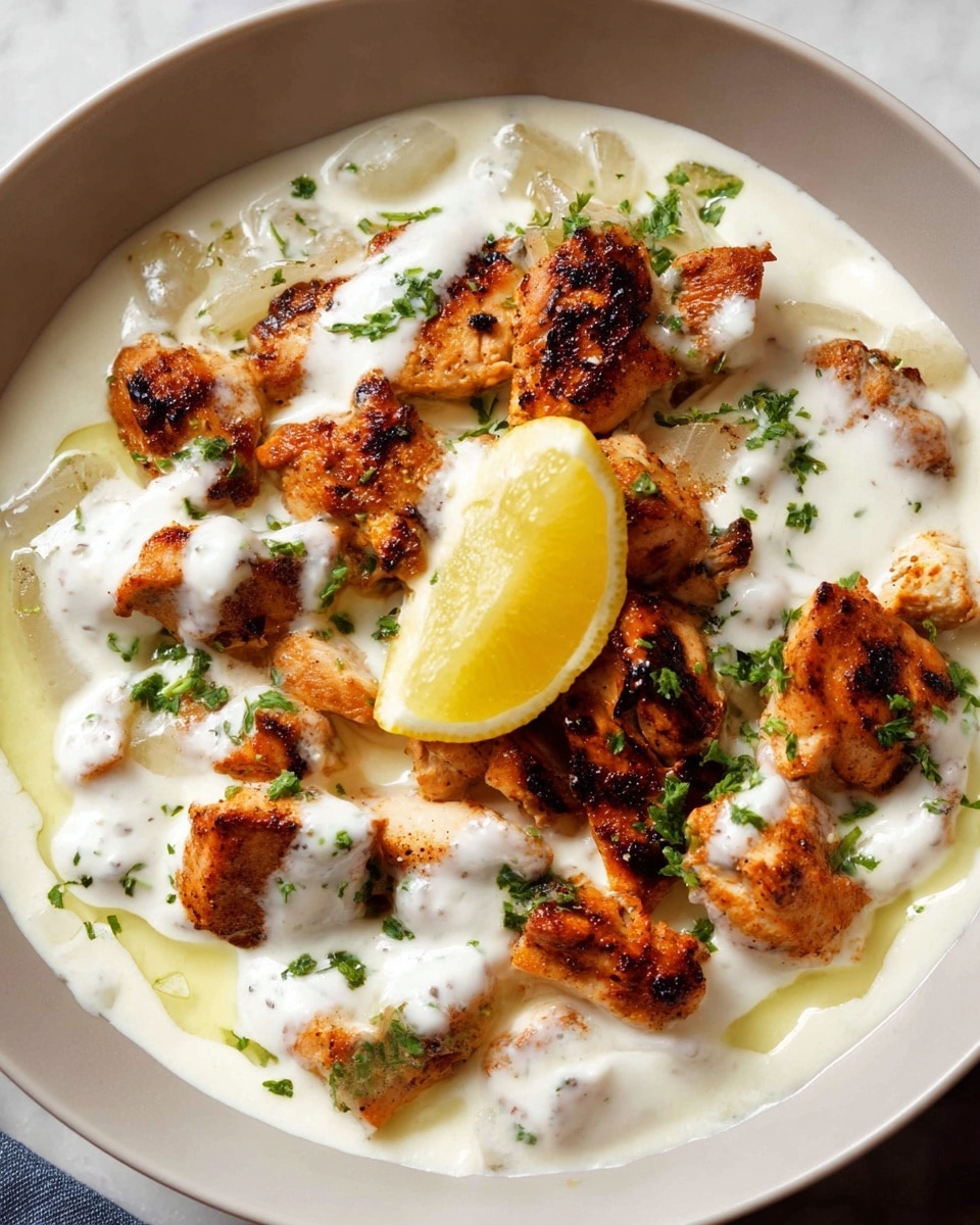 A white bowl holds a dish with pieces of browned grilled chicken that have a charred texture and a warm golden-brown color. The chicken pieces are covered generously with a thick, creamy white sauce that spreads unevenly over the meat, with some oil pooling slightly around the edges. On top, there are small pieces of chopped green herbs scattered across the sauce, adding a fresh green contrast. A single wedge of bright yellow lemon is placed near the center, resting atop the chicken. The image background is a white marbled texture. Photo taken with an iphone --ar 4:5 --v 7