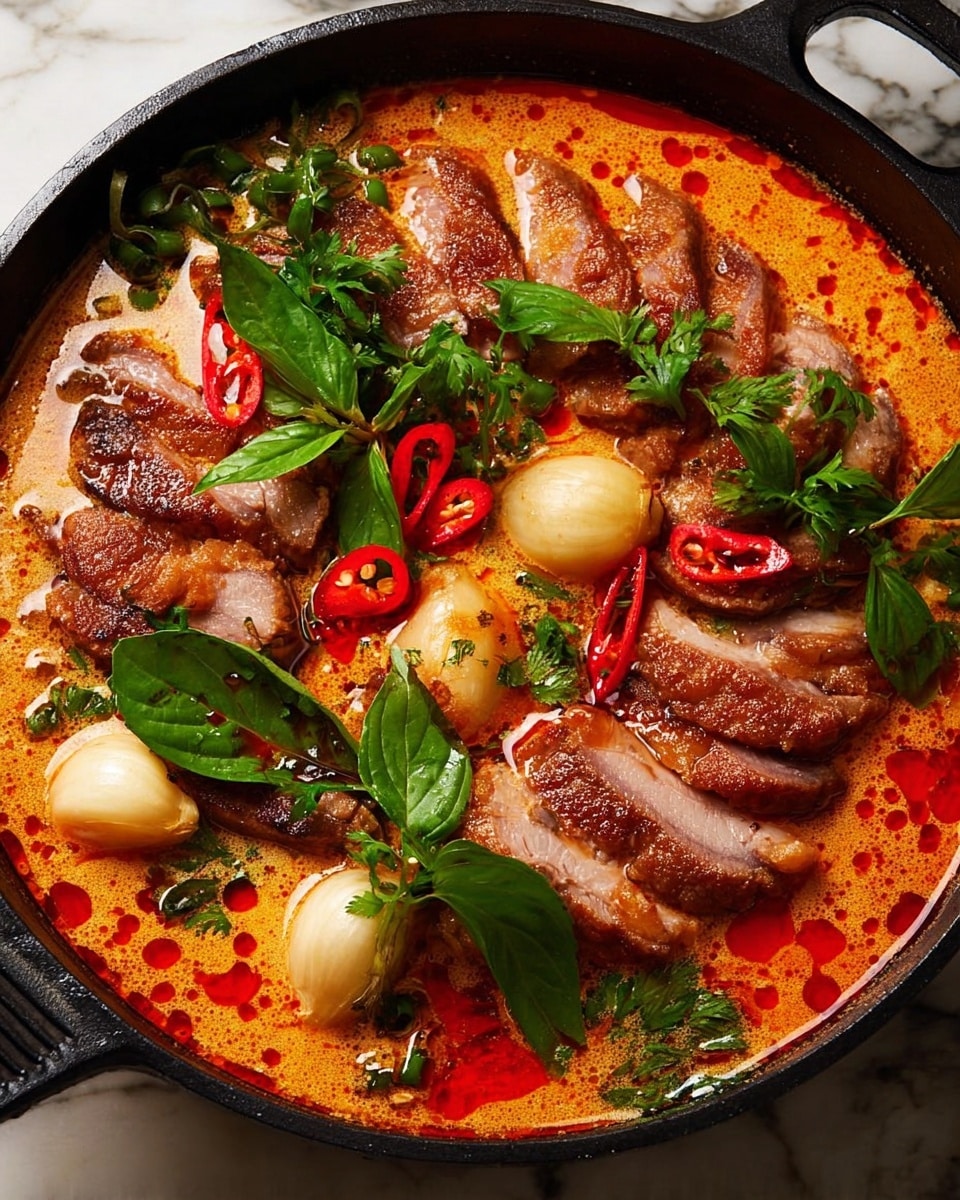 A black pan filled with orange-red creamy soup as the base, topped with layers of sliced, browned duck meat arranged in the center, surrounded by whole peeled garlic cloves and sprigs of fresh green herbs like basil and cilantro. There are also slices of red chili peppers scattered on top, adding a pop of red color. The soup has a slightly oily surface with visible red oil droplets. The pan sits on a white marbled surface. Photo taken with an iphone --ar 4:5 --v 7