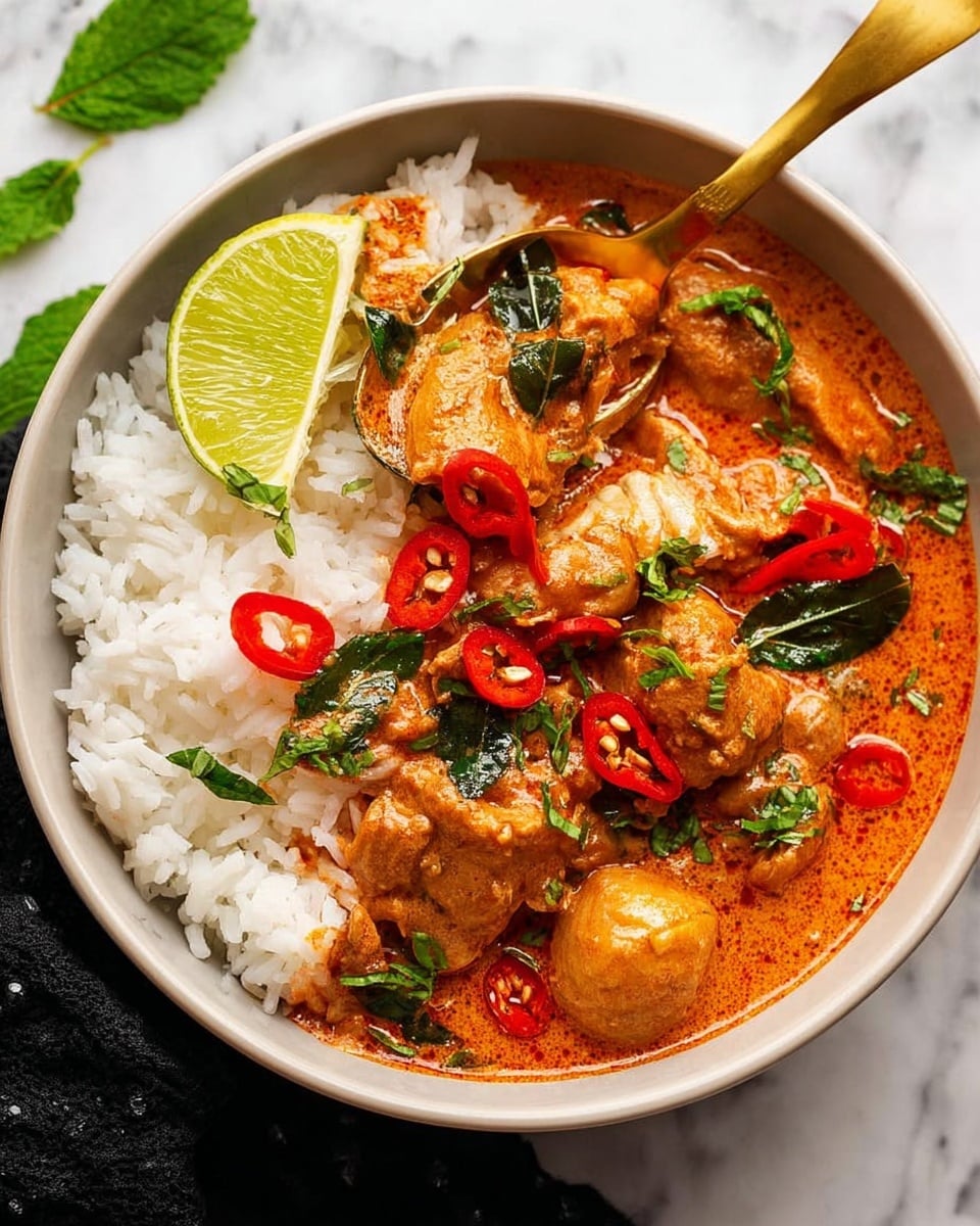 The image shows a white bowl filled with a three-layer dish placed on a white marbled surface. The bottom layer is white fluffy rice, topped by a rich orange-red curry with a smooth, creamy texture that covers pieces of chicken and several small round onions. The curry is garnished with fresh green herbs and slices of red chili pepper scattered across the top. On the side of the bowl, a wedge of lime rests, adding a fresh green color contrast. A golden spoon is placed inside the bowl, partially submerged in the curry. Photo taken with an iphone --ar 4:5 --v 7