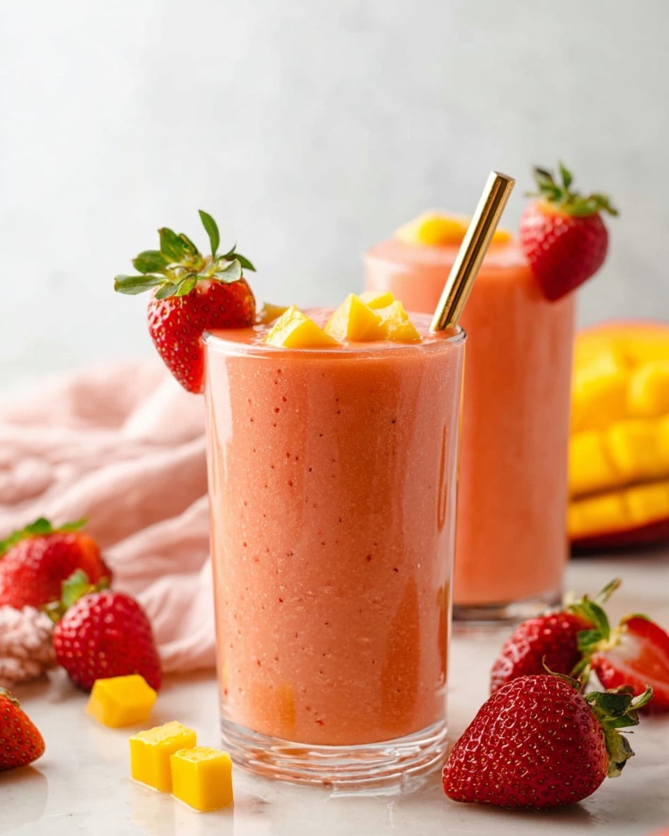 The image shows two tall transparent glasses filled with a smooth, pink-orange smoothie with tiny air bubbles, each topped with small yellow mango chunks and a fresh red strawberry with green leaves on the rim. One glass has a thin gold spoon inside it. Around the glasses are bright red strawberries, some whole and one cut in half, along with small yellow mango cubes. The background is soft and out of focus, featuring a mango and a light pink cloth on a white marbled surface. photo taken with an iphone --ar 4:5 --v 7