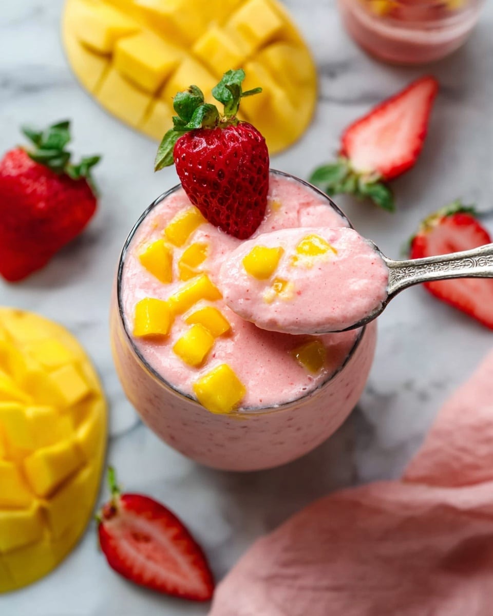 The image shows a glass with a thick pink smoothie sitting on a white marbled surface. The smoothie has two layers: the main creamy pink layer filling the glass and small bright yellow mango cubes sprinkled on top. A whole red strawberry with green leaves sits on the glass rim. A silver spoon is scooping a spoonful of the smoothie from the glass. Around the glass are other strawberries, some sliced, and a half-cut mango with yellow cubes. A soft pink cloth is partially visible near the glass. photo taken with an iphone --ar 4:5 --v 7