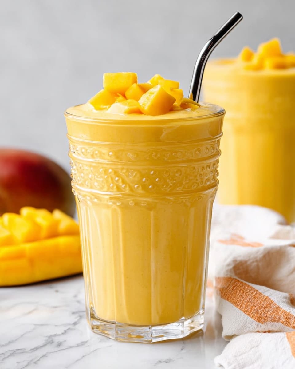 A clear glass filled with a thick, smooth, and creamy mango smoothie in a bright yellow color, topped with small chunks of fresh mango on top, sitting on a surface with a white marbled texture. The glass has a textured pattern with small raised dots near the top and vertical ridges along the center. A black straw is placed inside the smoothie. Part of another similar glass is blurred in the background, along with a whole mango and a white and orange striped cloth to the right. photo taken with an iphone --ar 4:5 --v 7