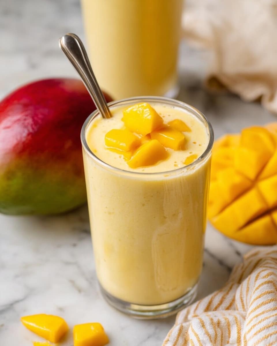 A tall clear glass filled with a light yellow frothy mango smoothie, topped with three bright yellow mango chunks slightly sunk into the foam. A silver spoon is inside the glass on the left side. In the background, there is a whole red and green mango on a white marbled surface, some sliced mango pieces nearby, and a striped cloth on the right side. Another glass with the same smoothie is faintly visible on the upper left side. Photo taken with an iphone --ar 4:5 --v 7