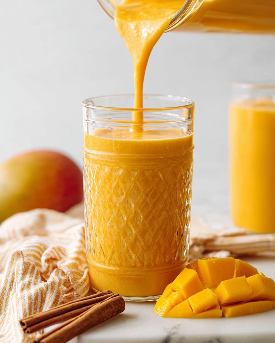 A tall clear glass jar filled with thick, bright orange mango smoothie is shown with more smoothie being poured from above, creating a smooth flowing stream into the jar. The jar has a diamond-cut pattern texture and is full almost to the top. In front of the jar, there are two cinnamon sticks lying flat on a white marbled surface next to some fresh mango slices with vibrant orange-yellow color. A soft beige and white striped cloth is casually placed around the jar, and in the blurred background, another jar with the same smoothie and a whole ripe mango can be seen. The overall setting is clean and bright with a soft light. photo taken with an iphone --ar 4:5 --v 7
