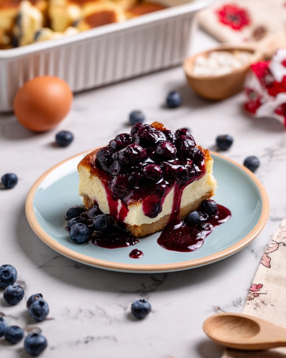 A dessert piece sits on a white plate with a light blue center and beige rim, placed on a white marbled surface. The dessert has three layers: a bottom pale brown crust, a thick middle cream-colored cheesecake layer, and a topping of glossy dark purple blueberries covered in dark red syrup that drips down the sides. Some blueberries and syrup spill onto the plate. Around the plate, there are scattered fresh blueberries, two brown eggs, a wooden scoop with white powder inside, a beige cloth with red flower patterns, and a white baking dish partly filled with more cheesecake pieces. Photo taken with an iphone --ar 4:5 --v 7