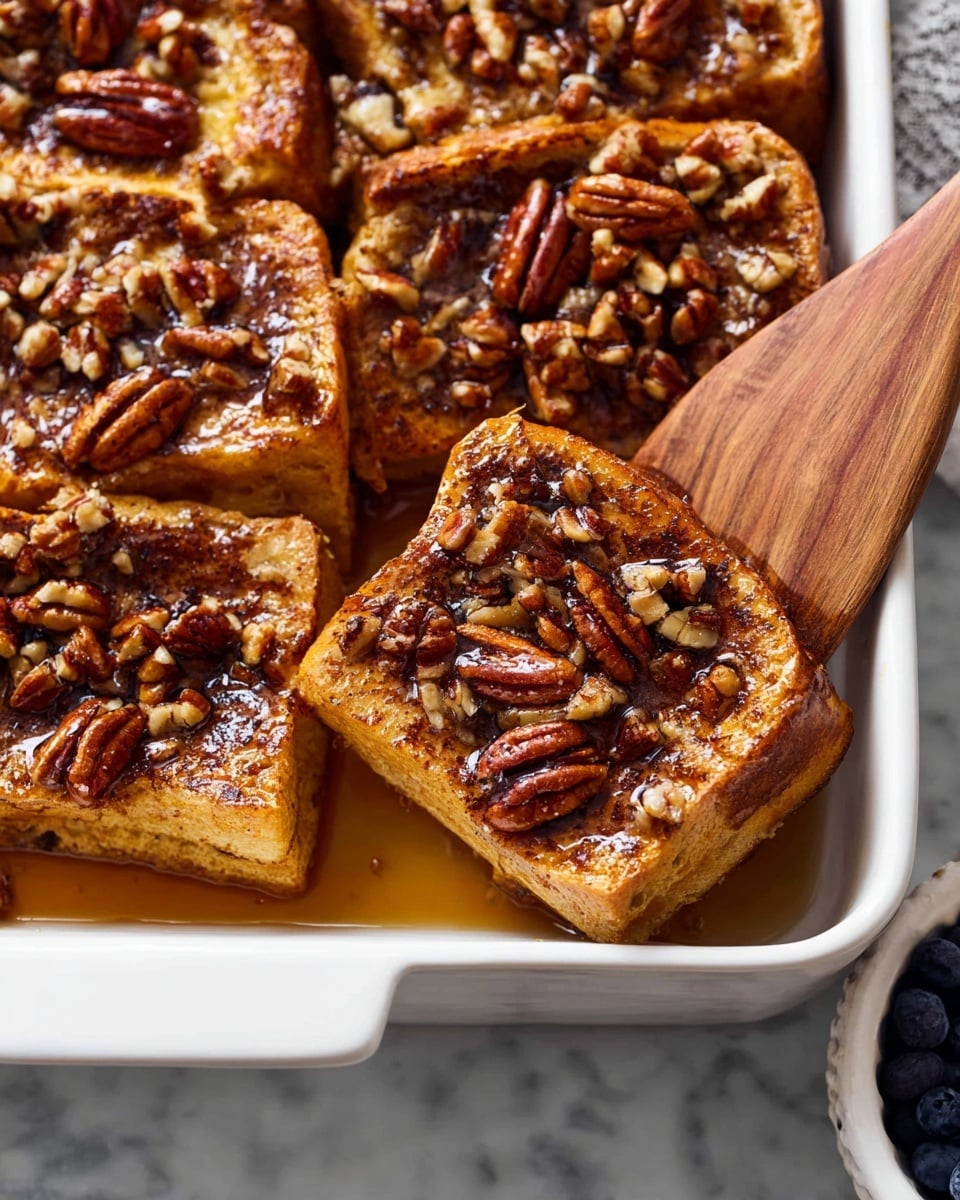 The dish shows a white rectangular baking dish filled with two layers of golden-brown baked French toast slices, each slice topped with a visible crunchy layer of chopped pecans in shades of dark brown and light tan. The French toast has a moist, slightly shiny texture, indicating syrup or glaze on the surface. A wooden spatula is lifting one slice from the dish, showing the thickness and texture of the bread. The dish rests on a white marbled surface with a small white bowl of blueberries partly visible at the bottom right corner. photo taken with an iphone --ar 4:5 --v 7