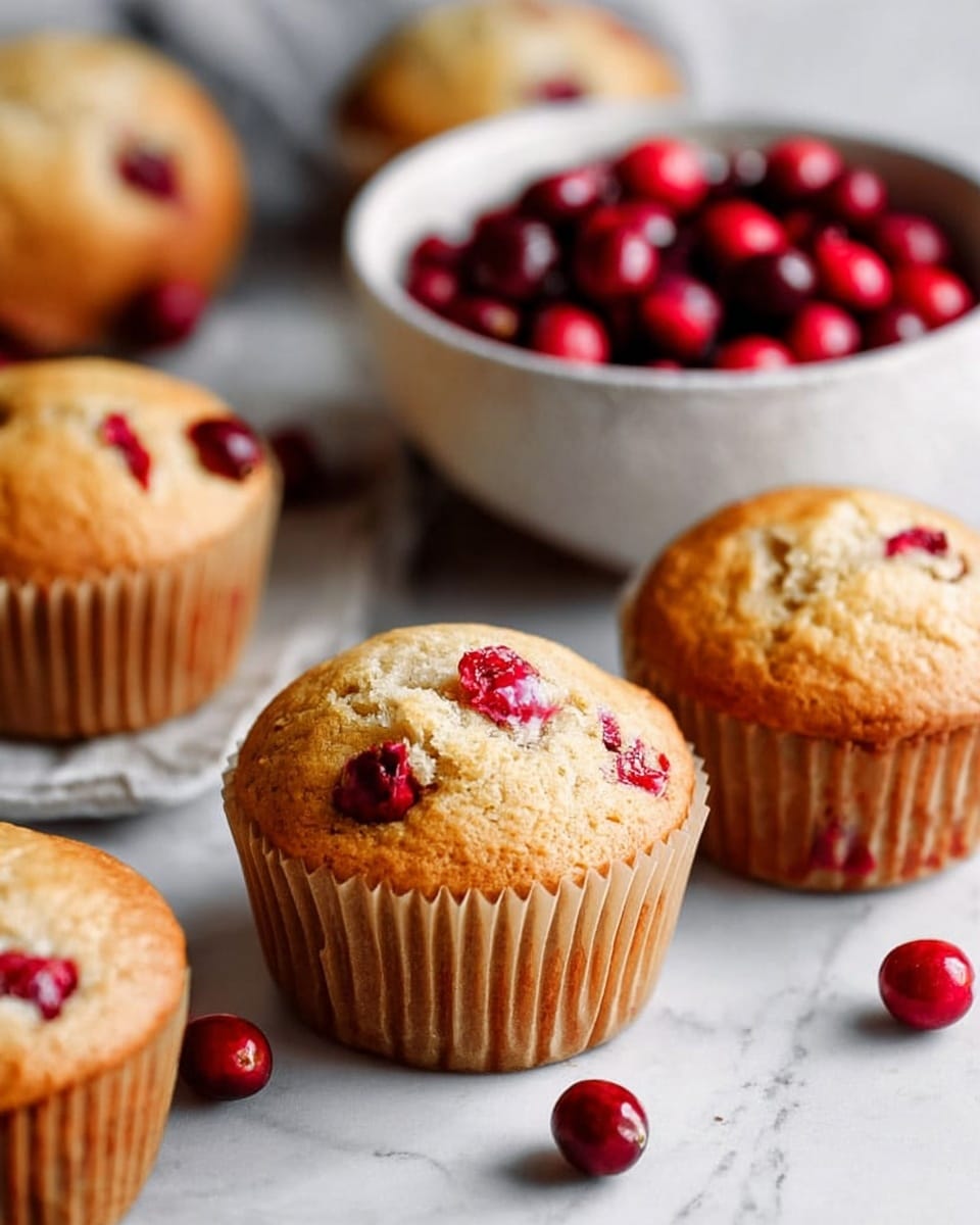 The image shows several golden brown muffins with small pieces of red cranberries visible on the top and inside. Each muffin is in a light brown paper cup, set on a white marbled surface. A white bowl filled with shiny whole cranberries sits behind the muffins, with some loose cranberries scattered around on the surface. The muffins have a soft and slightly cracked texture on top. photo taken with an iphone --ar 4:5 --v 7