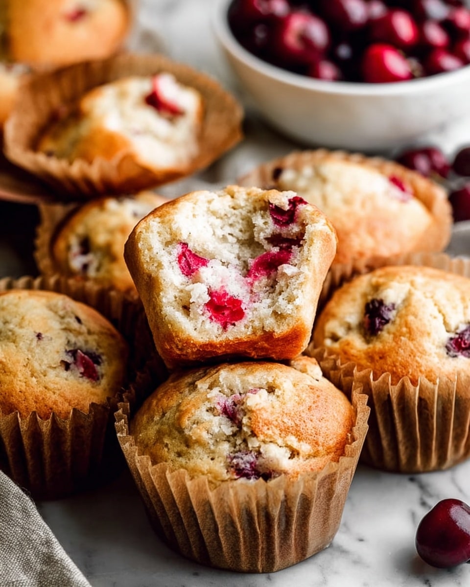 A close-up view of several golden-baked muffins with a soft, light texture. One muffin in the center is partially eaten, revealing a white, fluffy inside with embedded red pieces of fruit. The muffins are placed in brown paper liners and arranged tightly together. In the background, there is a white bowl filled with dark red cherries. The whole setup is on a white marbled surface. photo taken with an iphone --ar 4:5 --v 7