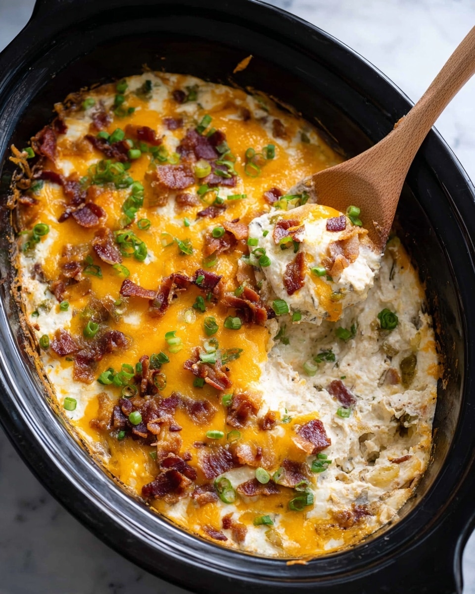 The dish shows a creamy, cheesy dip in an oval black slow cooker. The base is a light cream layer that looks smooth and soft, covered with a melted orange-yellow cheddar cheese layer that is bubbly and golden brown in some spots. Mixed in are small green pieces of chopped green onions and bits of crispy, browned bacon spread evenly. A wooden spoon is scooping some dip, showing a thick texture with layers of cream cheese, shredded cheese, and scattered bacon bits with green onions on top. The background is a white marbled texture. Photo taken with an iphone --ar 4:5 --v 7