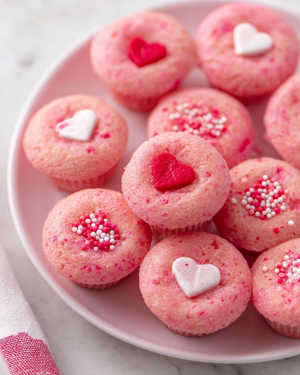 A collection of small, round pink cupcakes arranged closely on a white plate, each cupcake has a soft, slightly textured surface with different tiny heart-shaped and round sprinkles on top in white and red colors. The cupcakes have a solid pink color throughout with a smooth but slightly uneven texture, some topped with small white heart decorations, others with red hearts or tiny white and red ball sprinkles. The plate sits on a white marbled background with a hint of a white and red cloth edge visible at the bottom left corner. photo taken with an iphone --ar 4:5 --v 7