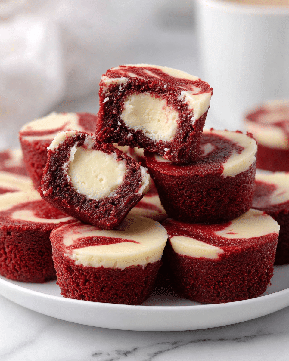 A stack of four red velvet cupcakes with smooth cream cheese filling in the center is shown on a white marbled surface; each cupcake has a deep red outer layer with a moist texture and a creamy white round filling visible on top; the top cupcake is bitten to reveal the thick cream cheese filling inside; a glass of white milk with a black-and-white striped straw is blurred in the background along with more cupcakes; a woman's hand holds the top cupcake; the overall color contrast highlights the rich red and creamy white layers. photo taken with an iphone --ar 4:5 --v 7