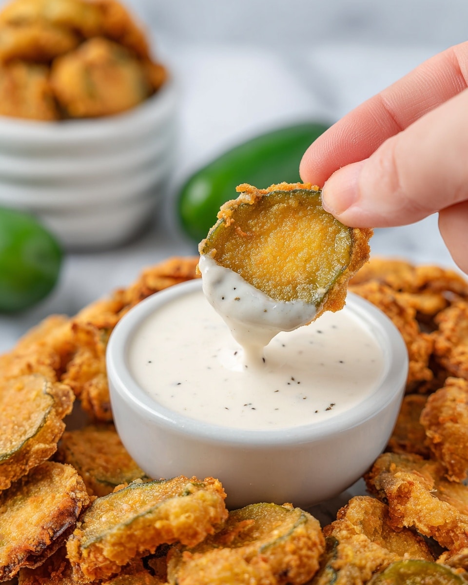 A close-up image shows a woman's hand holding a single golden-brown fried pickle chip dipped halfway into creamy white ranch dressing with small black pepper specks. Below, a white bowl filled with the same ranch sauce is placed in the center and surrounded by many crispy fried pickle chips with a crunchy textured surface and golden color. In the background, there are some whole green pickles and a stack of white bowls filled with more fried pickle chips, all set on a white marbled surface. Photo taken with an iphone --ar 4:5 --v 7