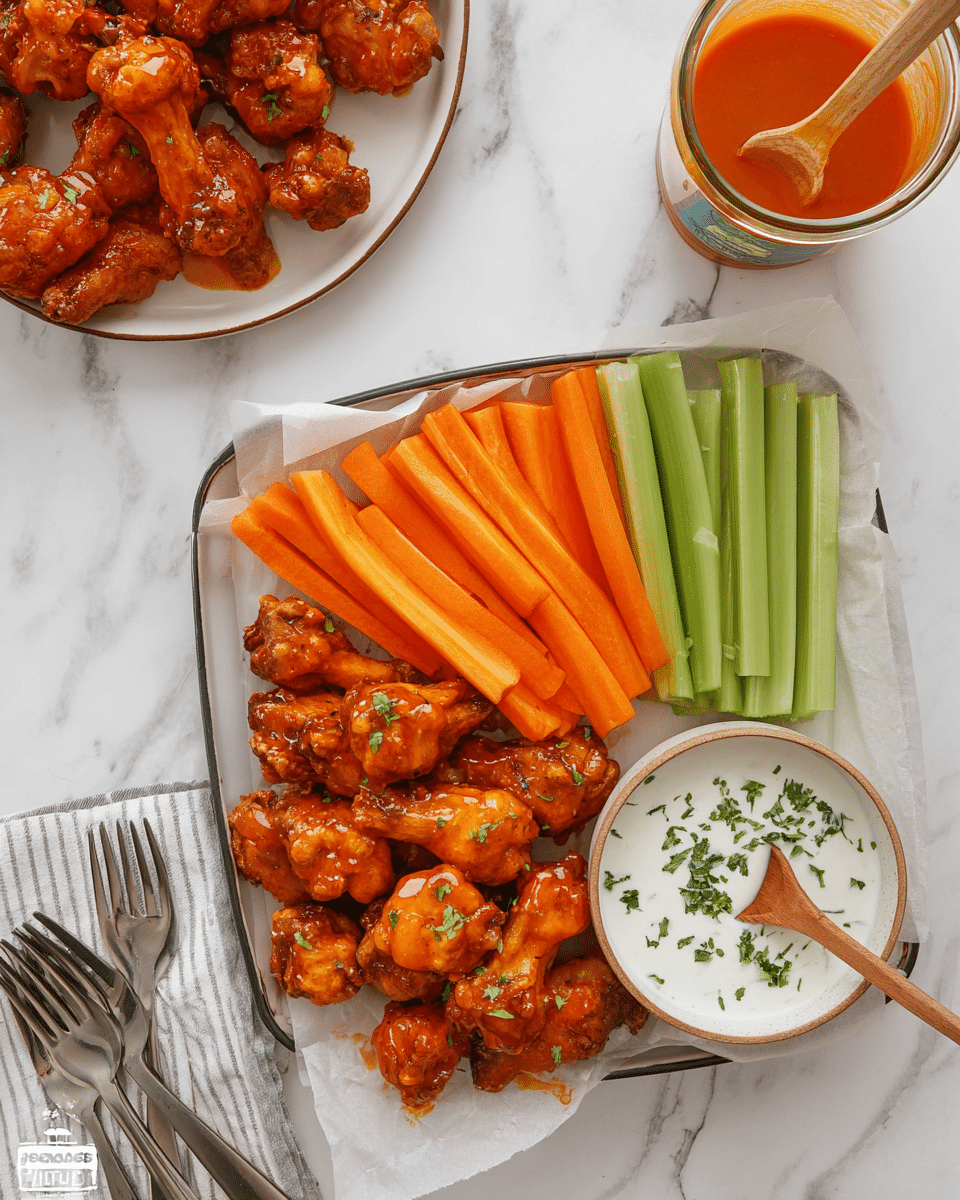 A large gray plate filled with many pieces of golden-brown fried chicken wings covered in a shiny, sticky orange buffalo sauce layered thickly on each piece, creating a glossy texture. On the top left side of the plate is a small white bowl filled with creamy white ranch dipping sauce with a wooden spoon resting inside. The plate sits on a white marbled surface with a black and white checkered cloth partially visible underneath one corner. Photo taken with an iphone --ar 4:5 --v 7