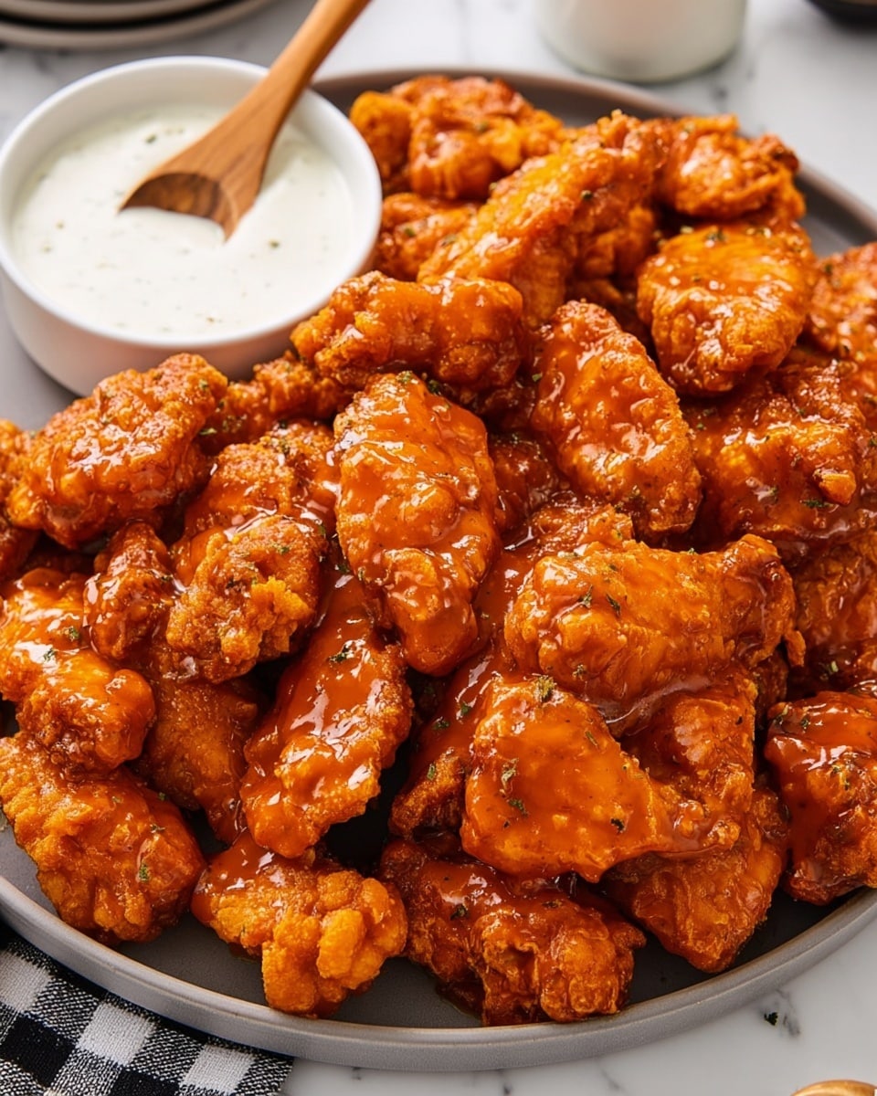 The image shows a white square plate lined with parchment paper, filled mostly with pieces of crispy buffalo chicken wings coated in a glossy orange sauce, placed at the bottom and right side of the plate. Above the chicken wings are two neat rows of fresh vegetable sticks: bright orange carrot sticks on the left and green celery sticks on the right. At the bottom right corner of the plate, a small round bowl holds creamy white ranch dressing sprinkled with green herbs, along with a small wooden spoon resting inside. In the top left corner of the image, part of a round white plate is visible, holding more buffalo chicken wings, and in the top right corner, a glass container filled with more of the orange sauce is partly seen on a white marbled surface. Three silver forks lie near the bottom left. Photo taken with an iphone --ar 4:5 --v 7