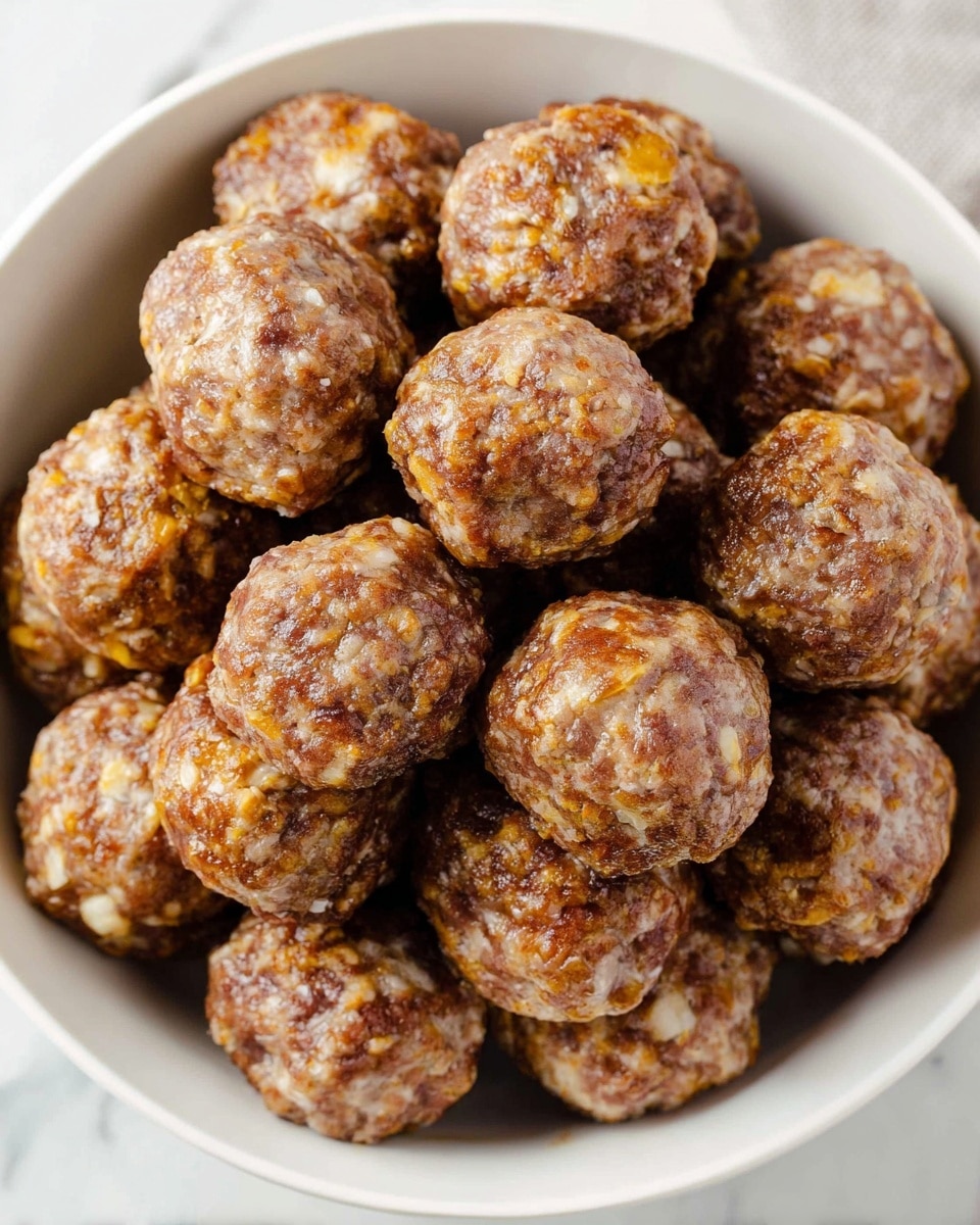 A white bowl filled with about 15 round meatballs, each showing a textured, browned outer layer with a mix of light and darker brown shades and small bits of white and green inside. The meatballs are stacked close together, filling the bowl almost to the top. The background is a white marbled surface. photo taken with an iphone --ar 4:5 --v 7