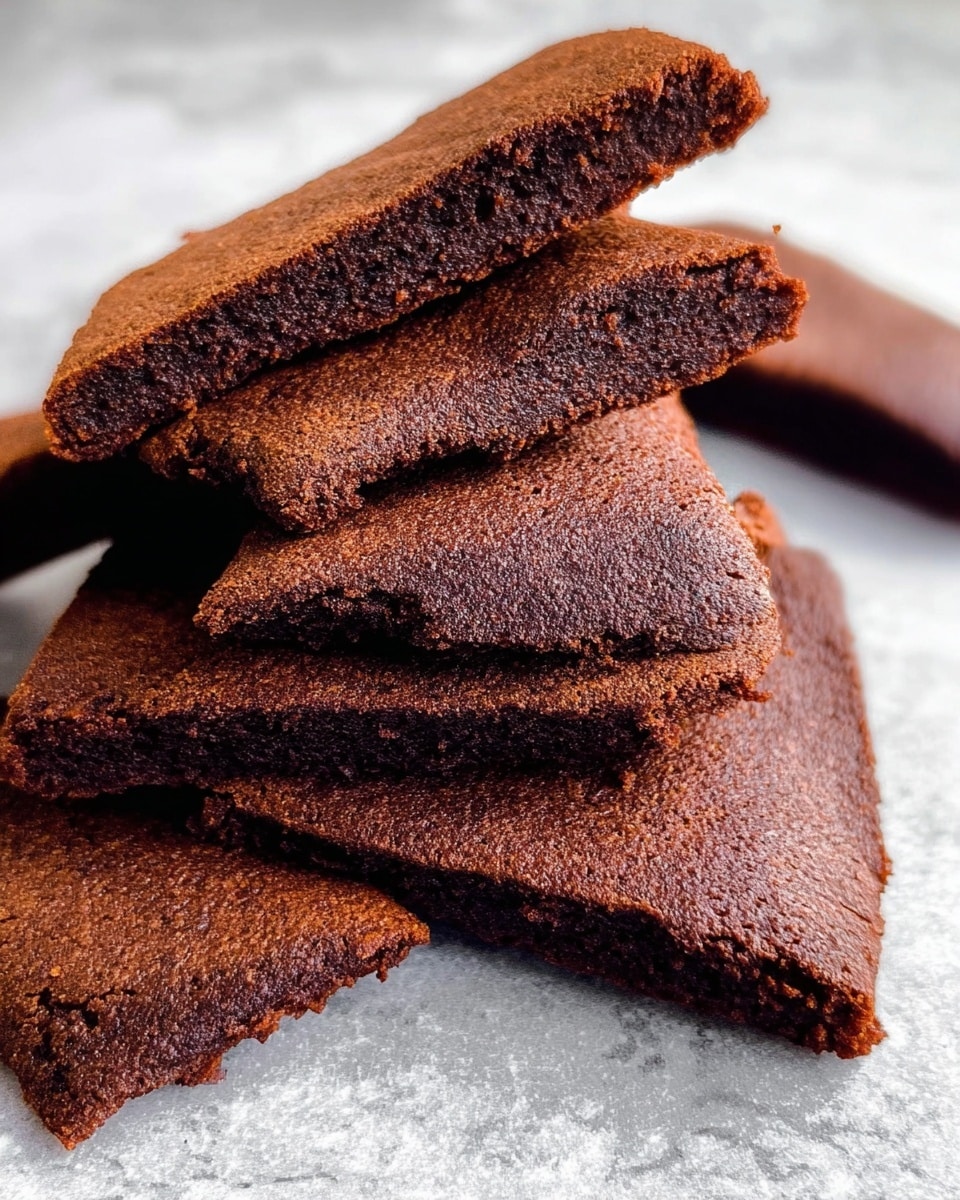 The image shows several thick, rectangular slices of a rich, dark brown baked chocolate cake, stacked in a loose pile. Each slice has a slightly cracked top layer with a dense, moist texture visible in the middle. The edges are firm but not overly crisp, giving the cake a soft, chewy look. The cake pieces rest directly on a white marbled surface with a clean, smooth finish, and there are no other items or decorations present. The photo taken with an iphone --ar 4:5 --v 7