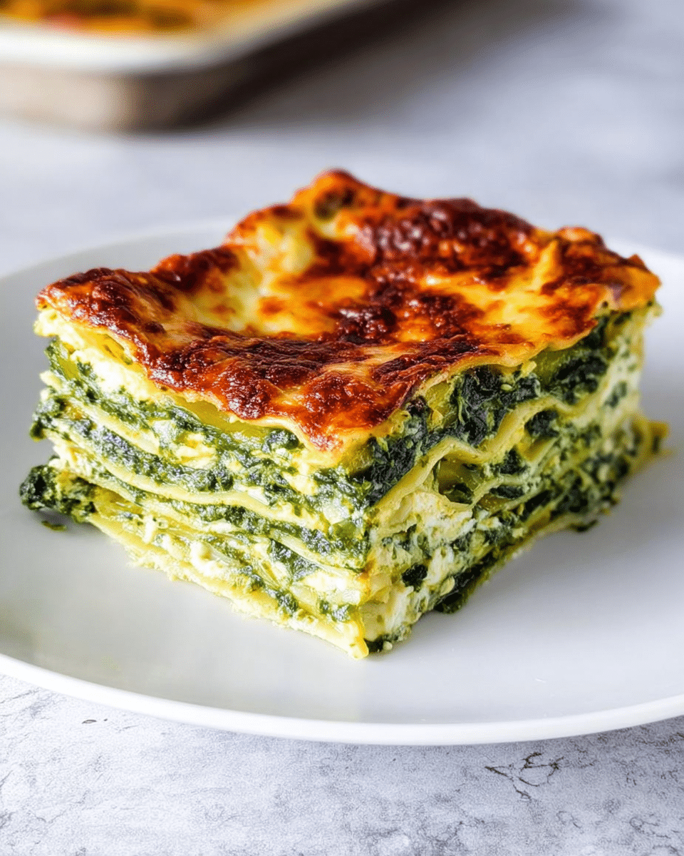 A square piece of spinach lasagna sits on a white plate, showing multiple even layers of light green pasta alternating with bright green spinach and ricotta cheese filling. The top layer is golden brown with a slightly crispy, bubbly cheese crust. The slice has clean edges, and the background is a white marbled texture with a part of the lasagna tray blurred in the back. The colors of green and golden brown contrast nicely against the white plate. Photo taken with an iphone --ar 4:5 --v 7