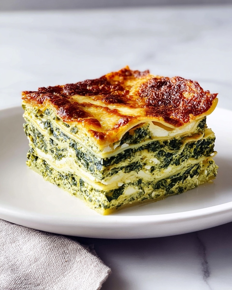 A square piece of lasagna sits on a white plate, placed on a white marbled surface. The lasagna has multiple visible layers, alternating between creamy white pasta sheets and a bright green spinach and cheese filling. The top layer is golden brown and slightly crispy with a textured, bubbly cheese finish. The layers are thick and clearly defined, making the dish look rich and hearty. Photo taken with an iphone --ar 4:5 --v 7