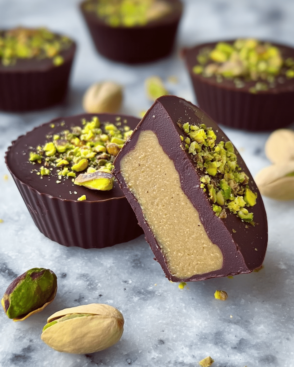 The image shows round chocolate cups with a smooth, dark chocolate top layer sprinkled with crushed green pistachio nuts and yellow nut pieces. Each cup has a textured, light brown creamy filling inside, which is covered by the thick dark chocolate layer. One chocolate cup is cut in half and held upright to show the two layers clearly: the dark chocolate and the creamy nut filling. The chocolates sit on a white marbled surface, with whole pistachio nuts scattered around them. Photo taken with an iphone --ar 4:5 --v 7