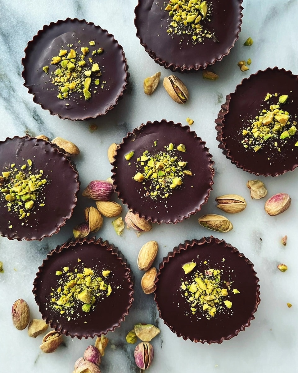 There are seven round dark chocolate cups arranged on a white marbled surface. Each chocolate cup has a smooth, glossy top layer and is sprinkled with crushed green and yellow pistachio pieces in the center. The chocolate cups have ridged edges, and scattered whole pistachios surround them on the surface, adding texture and color contrast to the setting. photo taken with an iphone --ar 4:5 --v 7