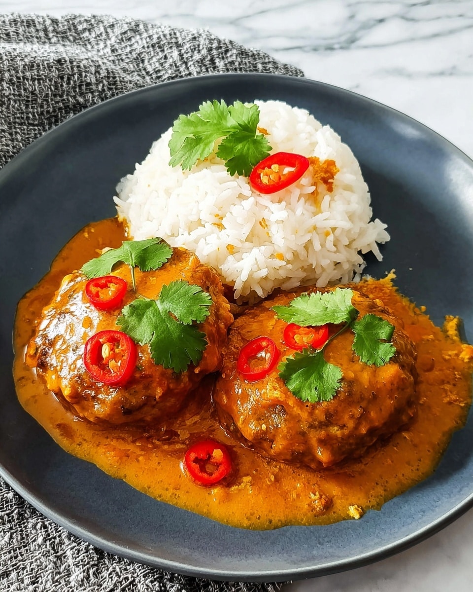 The image shows a dark gray plate with two round patties covered in a thick, orange-brown sauce, garnished with bright green cilantro leaves and thin slices of red chili peppers on top. Next to the patties, there is a neat mound of white rice with some of the orange sauce slightly spilling onto it. The plate sits on a white marbled surface, and there is a textured gray cloth in the background. photo taken with an iphone --ar 4:5 --v 7