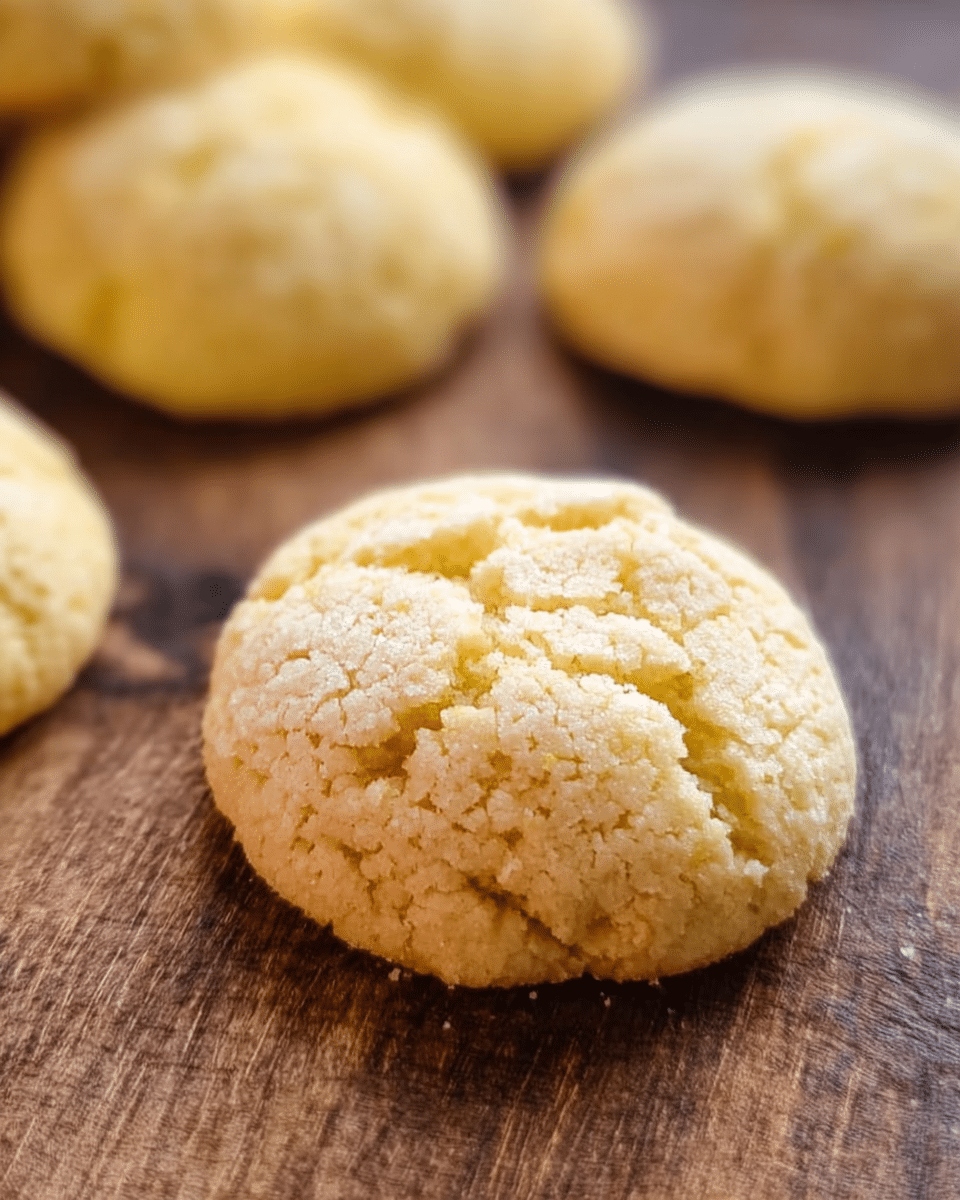 The image shows a close-up of a round, pale yellow cookie with a rough, cracked top surface and a crumbly texture. The cookie sits on a wooden surface, with a few more cookies slightly out of focus in the background. Each cookie appears evenly baked with a soft and crumbly appearance, highlighting the fine cracks on the top. photo taken with an iphone --ar 4:5 --v 7