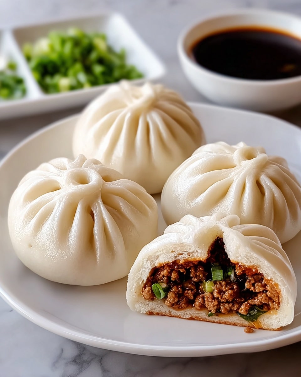 Four steamed buns with smooth, pale white, slightly shiny dough and twisted tops sit on a white plate with a white marbled surface underneath. Two buns are whole, showing tight, even pleats at the top, while the other two are cut in half revealing a moist, minced meat filling mixed with small green bits and dark brown sauce inside. In the background to the right, there is a small white bowl filled with a dark soy sauce, and on the left, a white rectangular dish holds chopped green onions out of focus. The lighting is soft and natural, highlighting the texture of the buns and filling. Photo taken with an iphone --ar 4:5 --v 7