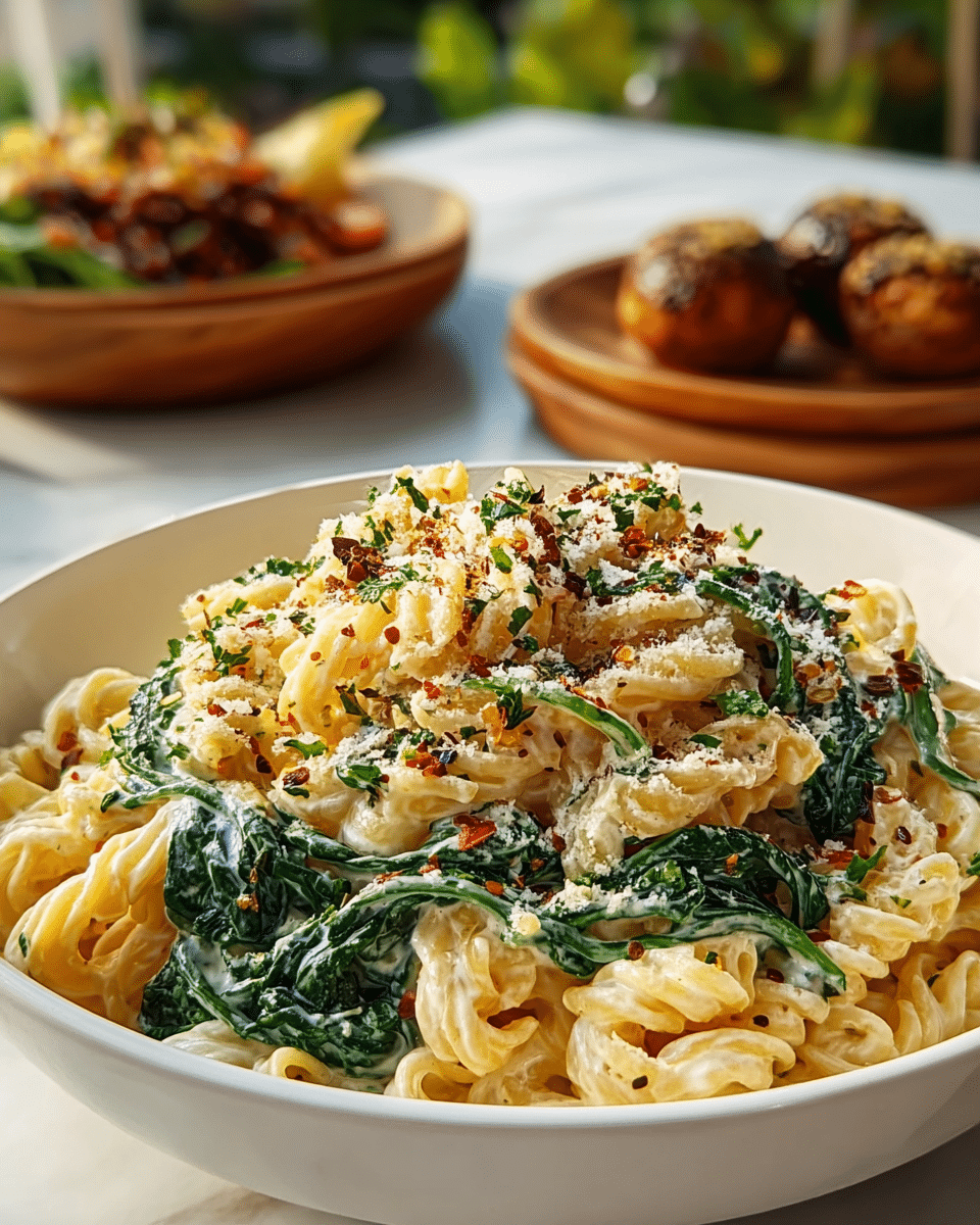 A close-up of a white bowl filled with creamy pasta spirals layered with wilted dark green spinach leaves, topped with a generous sprinkle of grated white cheese and red chili flakes, creating a textured topping with specks of green herbs scattered over. The pasta has a smooth, rich sauce coating and is tightly curled in medium-sized nests stacked loosely in the bowl. In the blurred background, two wooden plates hold browned food items on a white marbled surface. photo taken with an iphone --ar 4:5 --v 7