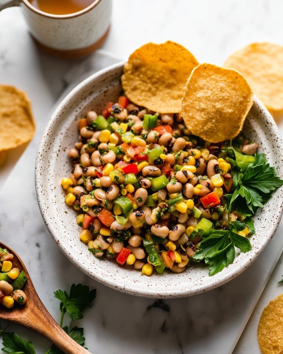 A white speckled bowl filled with a colorful mix of black-eyed peas, bright yellow corn kernels, chopped green bell peppers, and small bits of red bell peppers, all mixed with fresh green herbs and seasoning. Two large, round tortilla chips are placed at the top edge of the bowl, leaning against the beans and veggies. A sprig of fresh parsley rests on the right side of the bowl, with more fresh parsley in the foreground on a white marbled surface. In the background, a wooden spoon holds more of the bean and veggie mixture, resting on a white marbled surface. A small cup with a light brown liquid is partially visible on the left side. photo taken with an iphone --ar 4:5 --v 7