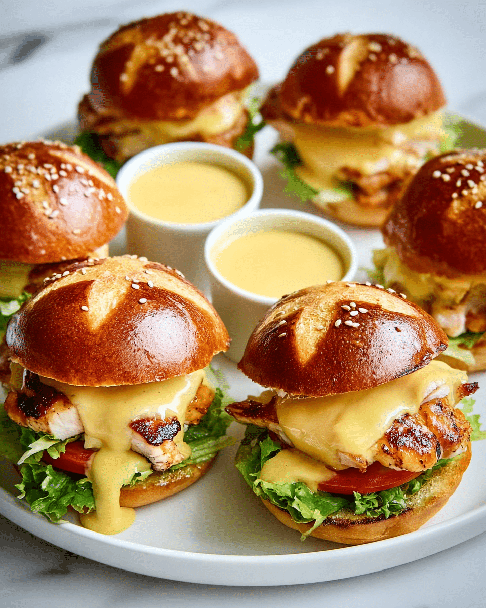 The image shows a white round plate on a white marbled surface holding five small chicken sliders. Each slider has three layers: a soft, shiny dark brown top bun with sesame seeds, golden melted cheese dripping over, a thick grilled chicken patty with a crispy edge, and fresh green lettuce with a thin tomato slice at the bottom, all sitting on a light golden bottom bun. In the center of the plate are two white small bowls filled with smooth yellow cheese sauce, with some sauce lightly drizzled over the buns and chicken. The colors are warm and inviting, with a focus on the rich browns, yellows, and fresh greens, photo taken with an iphone --ar 4:5 --v 7