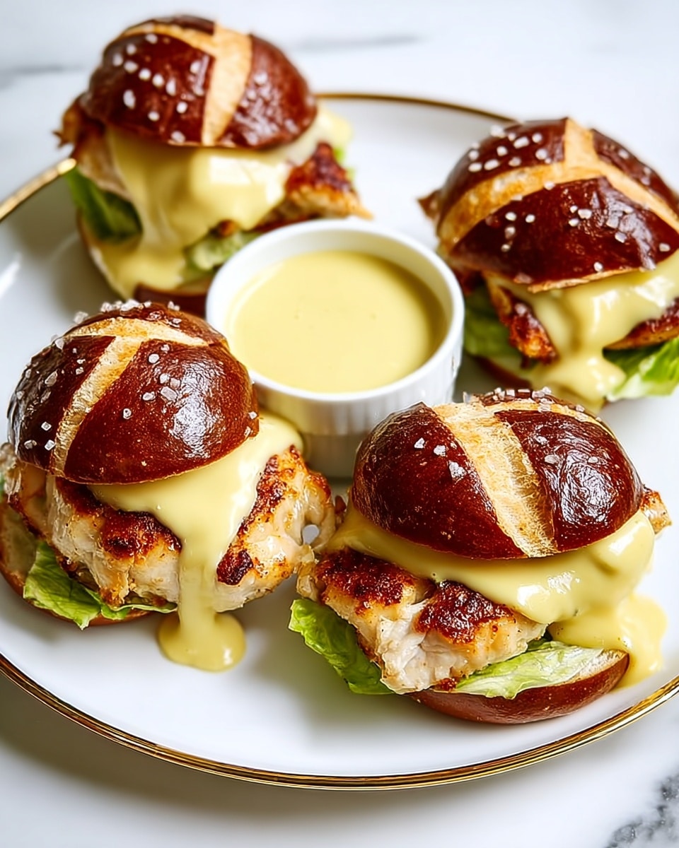 A white round plate with a gold rim holds four small sandwiches, each made with a shiny, dark brown pretzel bun top sprinkled with coarse salt. Inside each sandwich, there is a layer of green lettuce at the bottom, followed by a grilled chicken patty with a golden-brown crust. On top of the chicken patty is a thick layer of creamy yellow sauce that drips slightly over the edges. One sandwich is slightly open, showing the smooth sauce and crispy chicken inside. In the center of the plate, there is a small white bowl filled with more of the same yellow sauce. The background is a white marbled texture. photo taken with an iphone --ar 4:5 --v 7