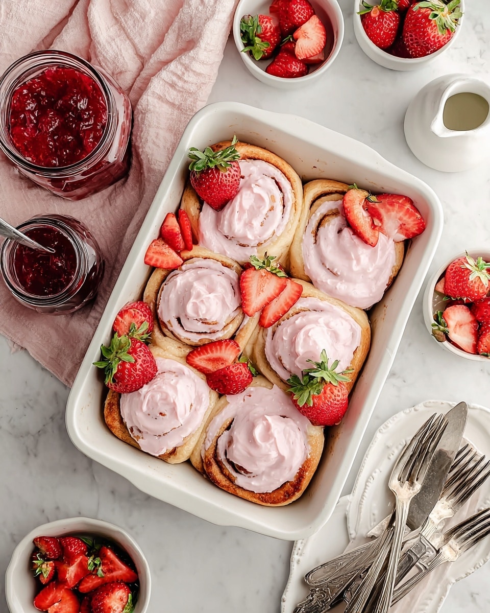 The image shows a white baking dish filled with six cinnamon rolls topped with smooth, light pink frosting. Each roll has a golden-brown outer layer with a soft, swirled texture inside. Fresh strawberries, some whole and some halved, are placed on top of the frosting and between the rolls, adding bright red and green colors that contrast with the pink and brown tones. Around the baking dish, there are white bowls containing halved strawberries, a jar of red strawberry jam, and a small white pitcher. The setup rests on a white marbled surface, with a folded pink cloth and a white tray holding vintage silver forks and a knife nearby. Photo taken with an iphone --ar 4:5 --v 7