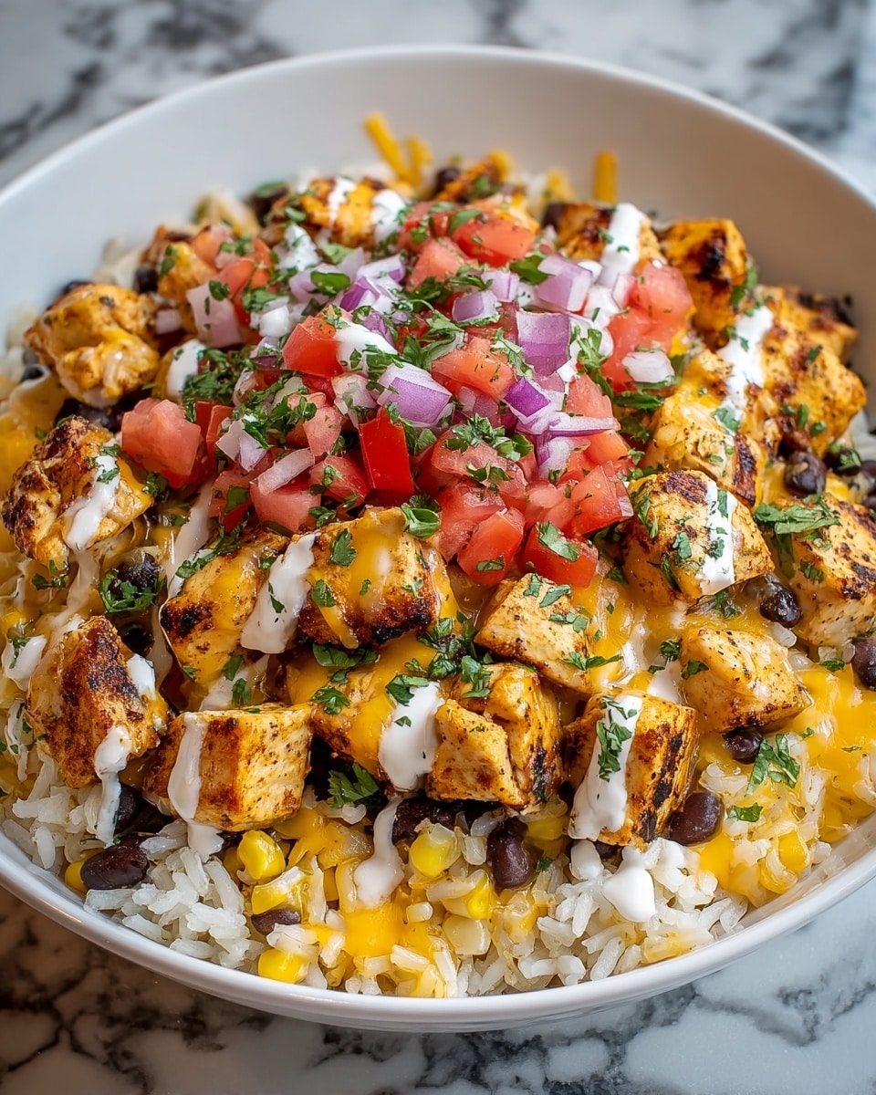 A white bowl filled with a layered dish starting with a bottom layer of white rice mixed with yellow corn kernels and black beans. On top of this is a layer of grilled chicken cubes that are golden brown with grill marks. Melted yellow cheese is drizzled over the chicken, mixing with small spots of white sour cream. The dish is finished with a layer of diced red tomatoes and finely chopped purple onions, sprinkled with green chopped cilantro. The bowl sits on a white marbled surface. photo taken with an iphone --ar 4:5 --v 7