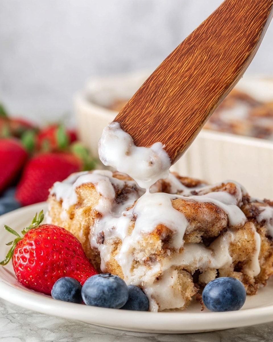 A close-up of a serving of cinnamon roll casserole being lifted with a wooden spatula, showing one thick layer of soft, golden-brown dough pieces coated generously in white icing that drips between and over the chunks. On the white plate beneath, there are three blueberries and a halved red strawberry placed as decoration. The background shows a white marbled texture surface with some blurred fruits in the corner. photo taken with an iphone --ar 4:5 --v 7
