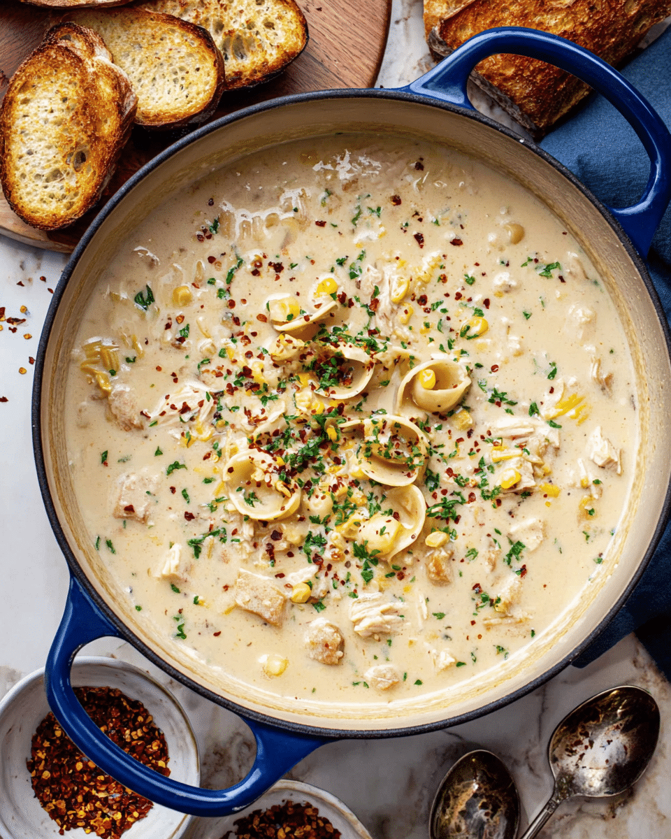 A large blue round pot filled with creamy light beige chowder that has visible chunks of yellow corn kernels, small shell pasta, and pieces of cooked chicken scattered throughout the thick liquid. The chowder is topped with a sprinkle of red chili flakes and green chopped herbs, creating a colorful contrast on the surface. Around the pot, there are white bowls with toasted bread slices and a small spoon with chili flakes on a white marbled surface. A silver soup spoon lies near the pot, resting on the white marbled background. photo taken with an iphone --ar 4:5 --v 7