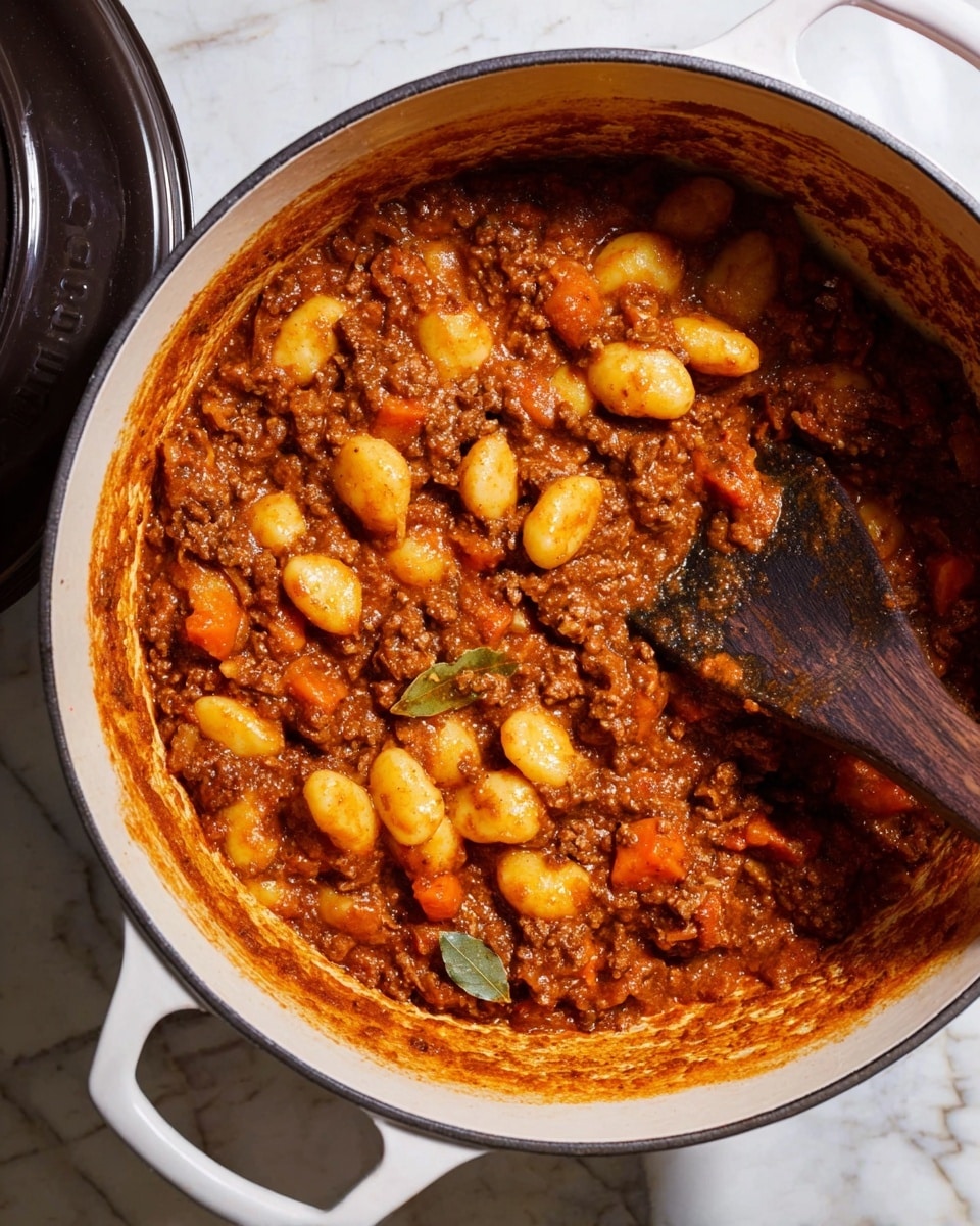 A white cast iron pot filled with a rich, thick stew showing about two layers: the base layer is a chunky meat sauce with a deep brownish-red color, mixed with visible bits of ground meat and orange carrot pieces, while the second layer consists of soft, golden-yellow gnocchi pieces scattered evenly throughout. The stew has a slightly oily surface with a few herbs like bay leaves visible, and a rustic dark wooden spoon partly dipped into the thick sauce on the right side of the pot. The pot is placed on a surface with a white marbled texture, and the lid is partially open on the left side. Photo taken with an iphone --ar 4:5 --v 7