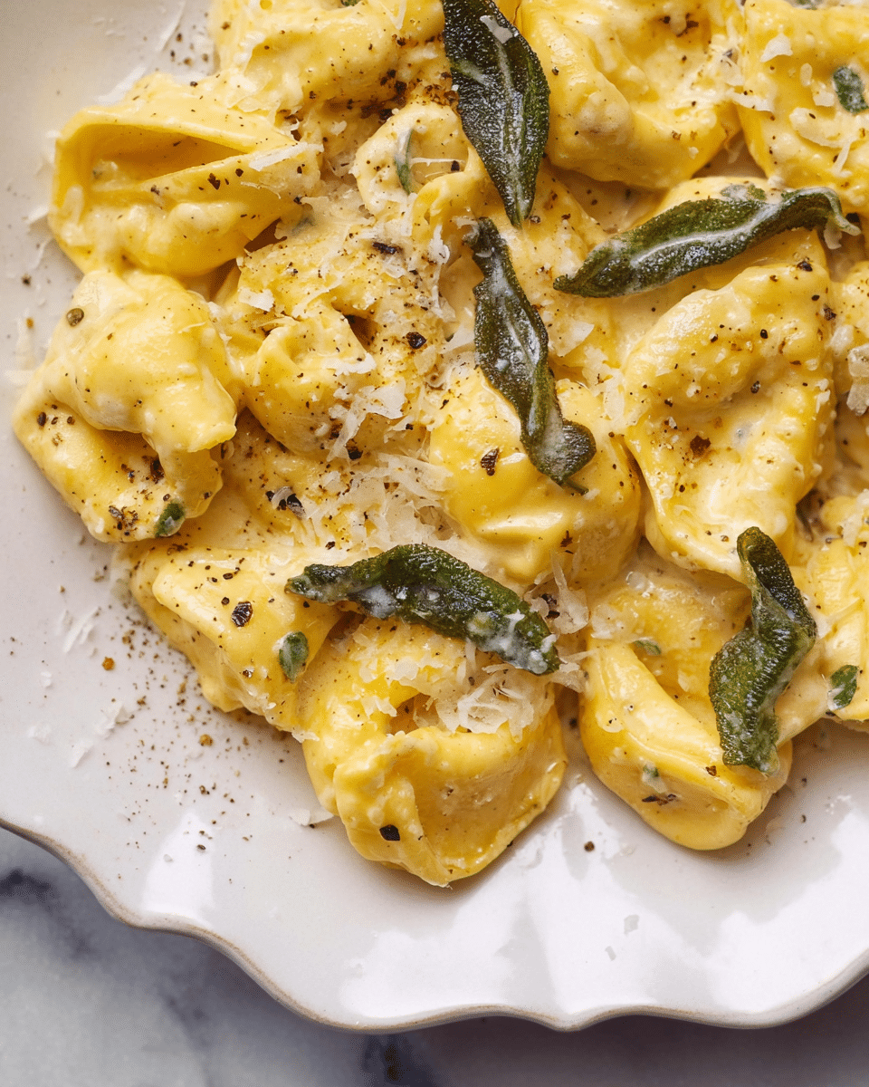The image shows a close-up of a plate filled with tortellini pasta covered in a creamy yellow sauce. The pasta pieces are plump and soft with a smooth, slightly shiny texture. Scattered on top are crispy green sage leaves, adding a darker contrast to the light sauce. The dish is sprinkled with ground black pepper and grated white cheese, which melts slightly into the sauce. The pasta and toppings fill the white plate with a scalloped edge, placed on a white marbled surface. photo taken with an iphone --ar 4:5 --v 7