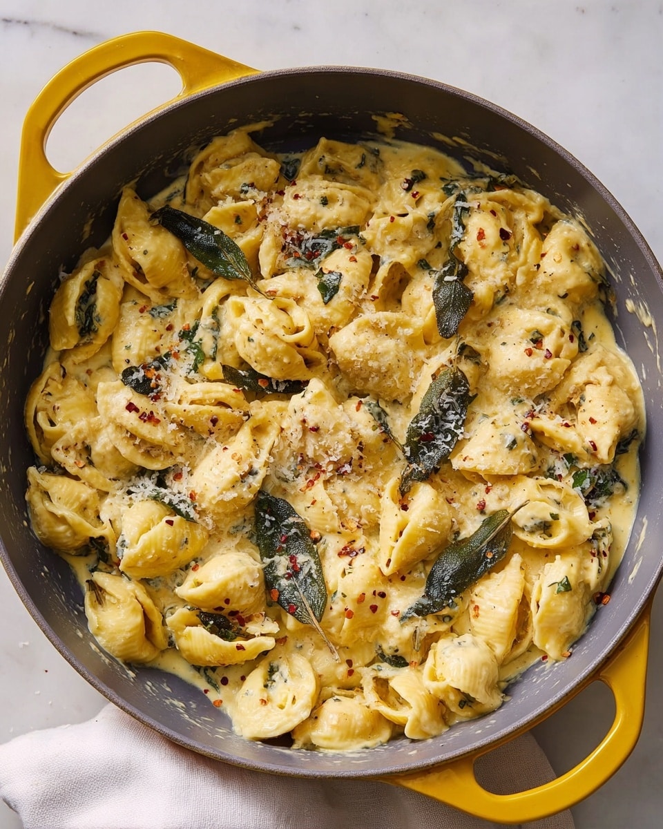 A large gray pan with yellow handles holds a creamy pasta dish made of small folded pasta shells in a light yellow sauce. Mixed throughout are several dark green, slightly wrinkled sage leaves. The pasta is coated with the creamy sauce and sprinkled with grated cheese and small red pepper flakes, giving a textured look with specks of black pepper and red chili. The pan is on a white marbled surface with a soft white cloth beneath one handle. Photo taken with an iphone --ar 4:5 --v 7