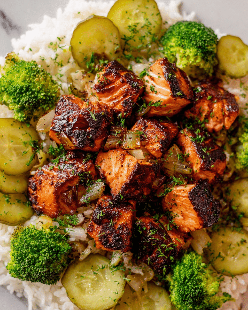 The dish is served in a white bowl featuring a base layer of fluffy white rice spread around the edges. On top of the rice, there are bright green broccoli florets and light green, thinly sliced cooked cucumbers scattered evenly. The center layer consists of grilled dark brown salmon chunks with a slightly charred texture, coated in a glossy brown sauce with visible seeds and small herbs. The dish is garnished with finely chopped green herbs sprinkled throughout. There is a gold fork and spoon resting on the side of the bowl, placed on a white marbled surface. photo taken with an iphone --ar 4:5 --v 7