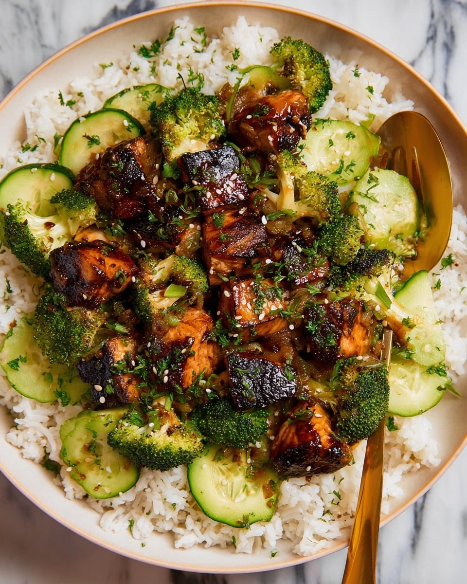 The image shows a close-up of a dish with three main layers. The bottom layer is fluffy white rice with a soft texture, spread evenly across the base. On top of the rice, there are fresh green broccoli florets and thin slices of pale green pickles arranged around the edges. The top layer consists of grilled salmon pieces, charred on the outside with a rich, dark brown color and a slightly shiny, caramelized texture. The salmon chunks are scattered in the center and scattered with small bits of green herbs. The entire dish sits on a white plate, placed on a white marbled surface. photo taken with an iphone --ar 4:5 --v 7