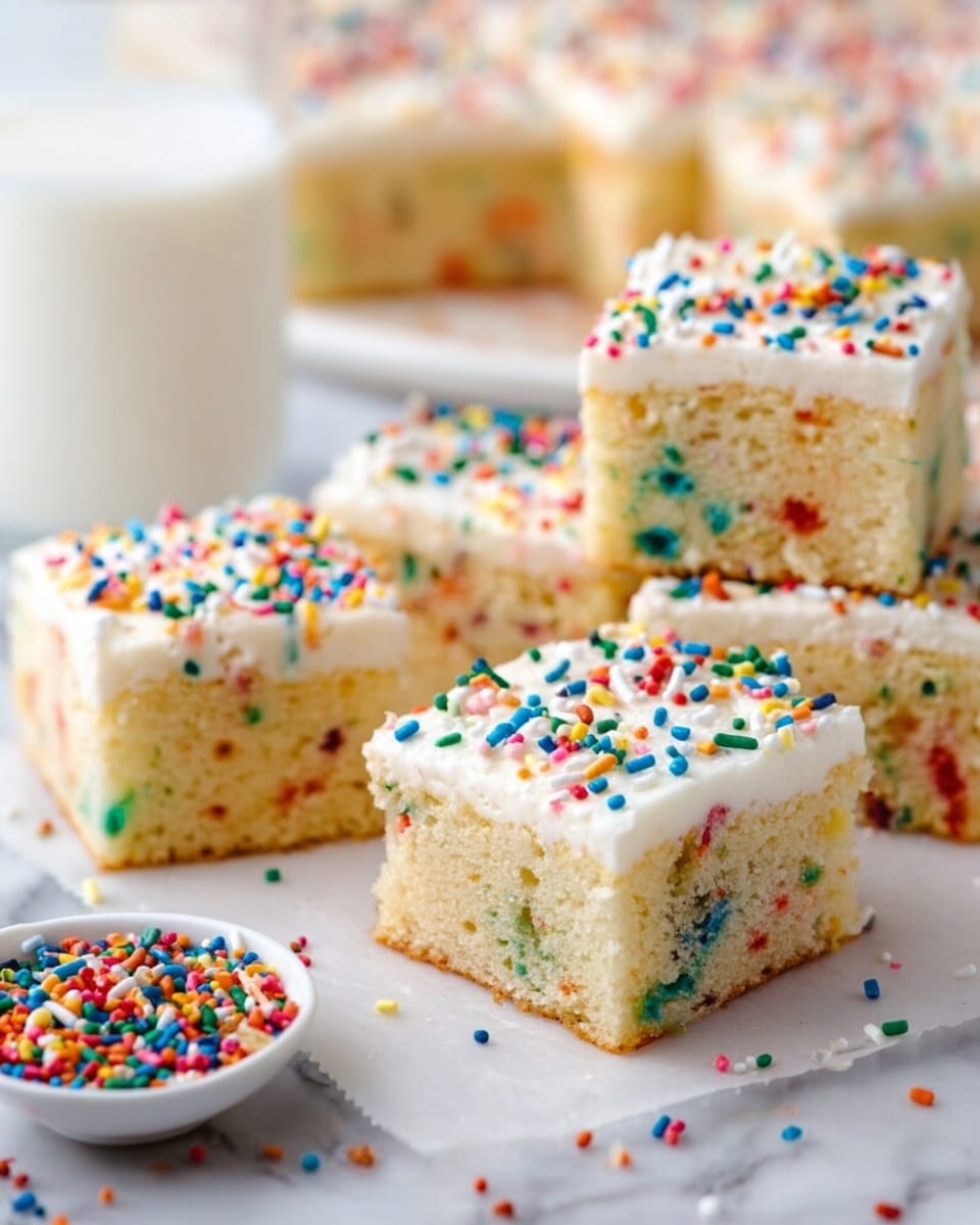 The image shows six square slices of white cake arranged closely on a white marbled surface. Each slice has one smooth layer of creamy white frosting on top, sprinkled with colorful cylindrical sprinkles in red, green, yellow, blue, orange, pink, and purple. The cake looks soft and moist with bits of colorful confetti inside the layers, visible from the cut sides. On the left, part of a silver spatula holds one slice slightly lifted, and a white bowl filled with more sprinkles is partly visible. The overall look is bright and festive with a clean white background and some sprinkles scattered around the cake. photo taken with an iphone --ar 4:5 --v 7