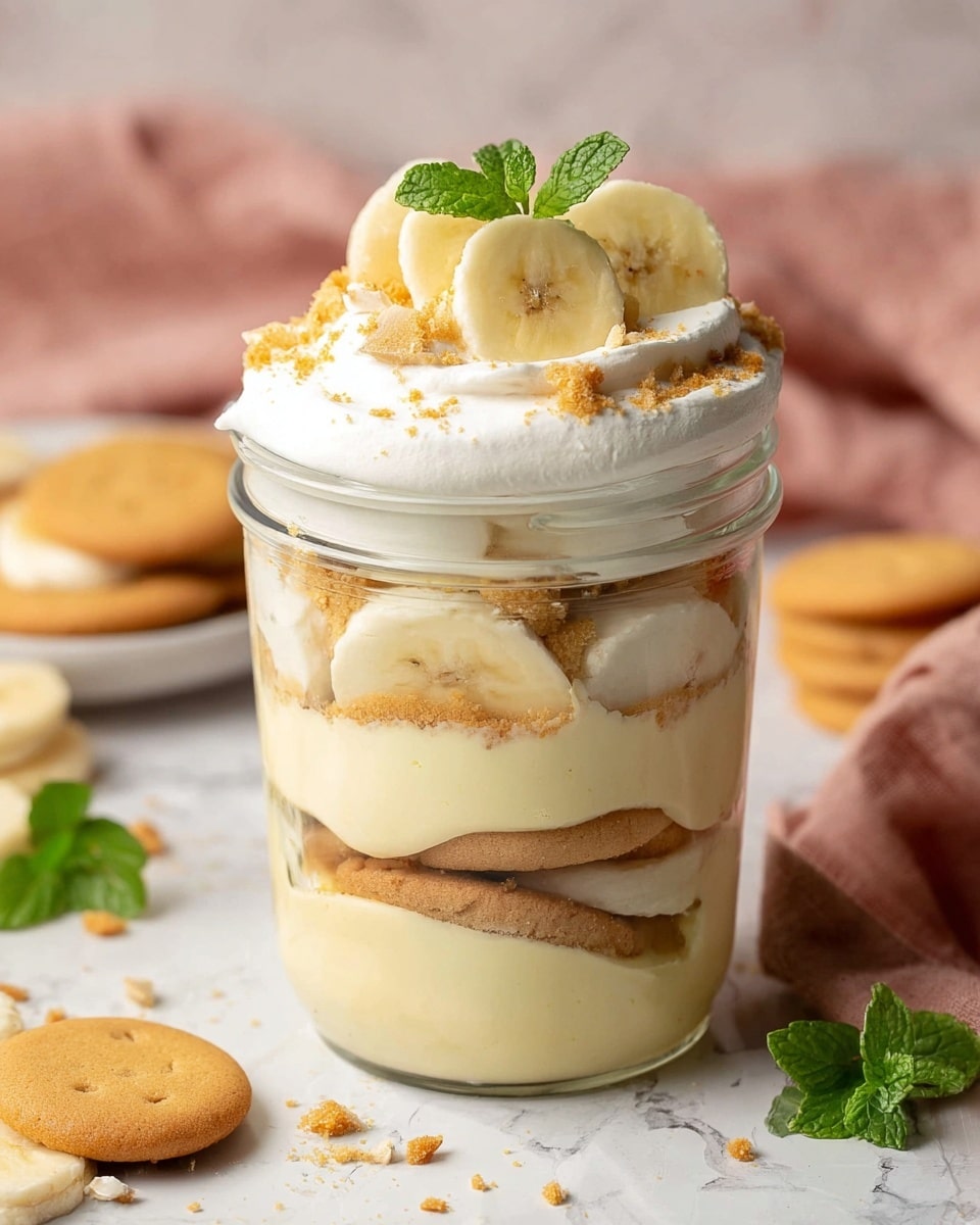 The image shows a creamy layered dessert served in a clear glass cup with a short stem. The dessert has three visible layers: a bottom layer of light yellow pudding, a middle layer with chunks of soft cookies soaked in the pudding, and a thick top layer of whipped cream that looks fluffy and white. On top, two round beige cookies and a few green mint leaves decorate the dessert. A silver spoon scoops a bite from the top, showing the creamy and textured layers inside. In the background, two similar desserts are visible, also garnished with sliced bananas and mint. The setting is on a white marbled surface with extra cookies, mint leaves, and banana slices scattered around. photo taken with an iphone --ar 4:5 --v 7