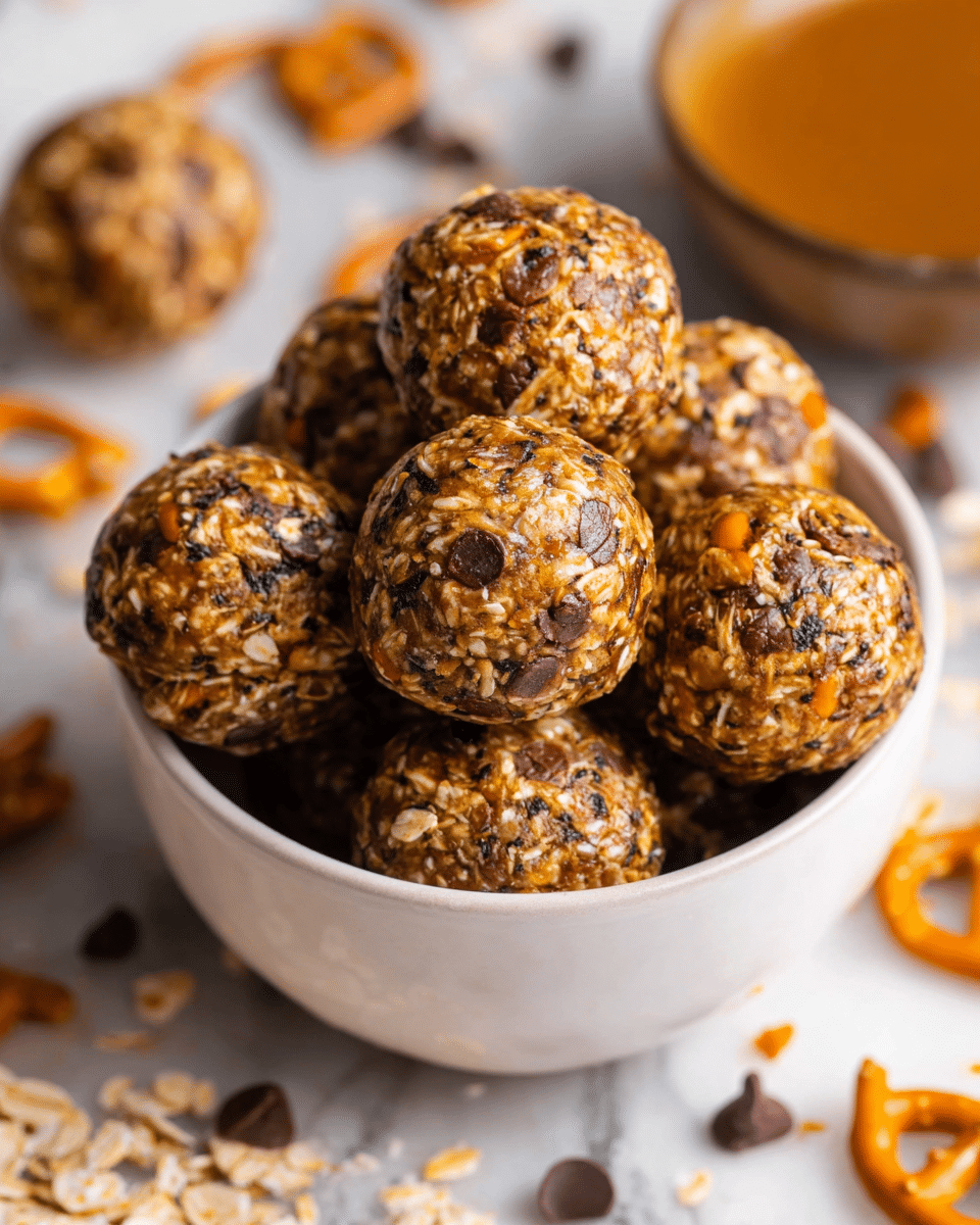 A close-up view of a white cup filled with seven round, textured energy balls, each ball showing a mix of oats, small dark brown chocolate chips, and bits of orange pretzel pieces mixed and pressed together. The energy balls have a rough surface with visible oats and chocolate chips scattered throughout. Around the cup on a white marbled surface are scattered small pieces of broken pretzels and chocolate chips, adding to the casual, homemade look. Part of another white cup with caramel and chocolate sauce is visible in the blurred background. photo taken with an iphone --ar 4:5 --v 7