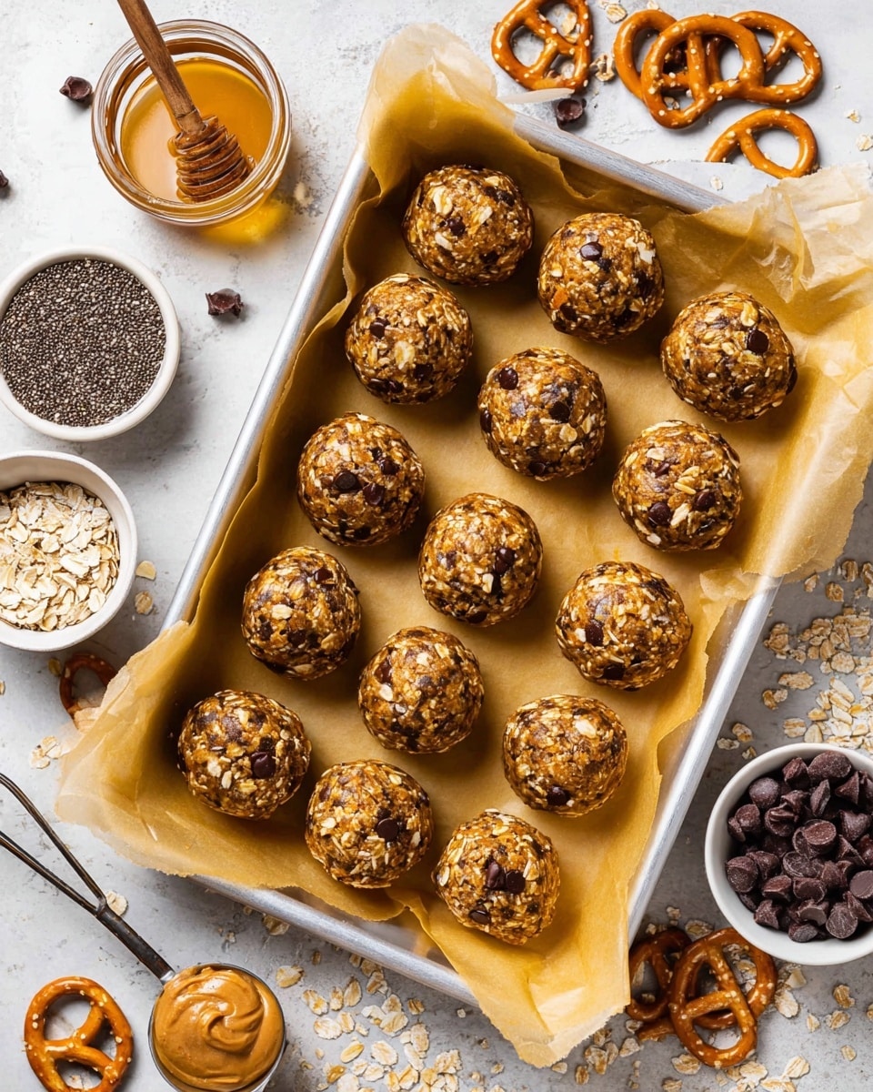 The image shows a white rectangular baking tray lined with yellow parchment paper, filled with fourteen round energy balls. Each ball is textured with visible oats, small dark chocolate chips, and bits of nuts, giving them a bumpy, chunky surface in warm brown shades. Around the tray, scattered on a white marbled surface, are broken pretzels with a glossy light brown color, a small white bowl filled with black chia seeds, another small white bowl with ground flax seeds, and a metal measuring cup holding mini chocolate chips. A white ceramic spoon at the bottom left corner has a dollop of creamy peanut butter with a few chocolate chips on top. At the top left, there is a small white bowl with honey and a honey dipper dripping golden honey. The overall scene looks bright and neatly arranged with a natural, fresh feel. photo taken with an iphone --ar 4:5 --v 7