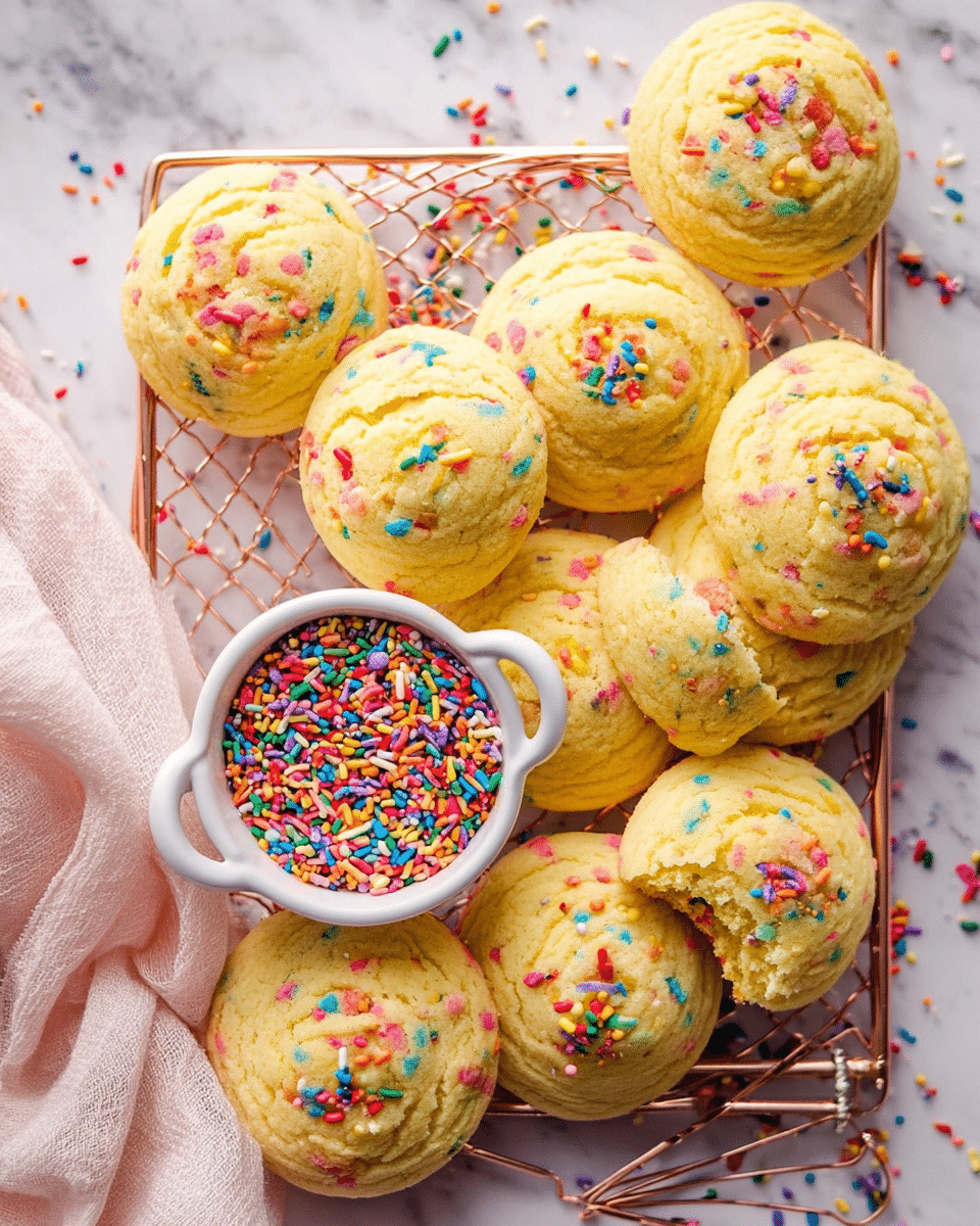 A group of light yellow soft cookies with colorful sprinkles scattered inside and on top, arranged closely on a rose gold wired cooling rack over a white marbled surface. In the middle of the cookies, there is a small white dish with handles filled with bright multicolored sprinkles. One cookie near the bottom right has a bite taken out of it, showing a soft and fluffy texture inside. A white cloth is partially visible in the lower left corner. photo taken with an iphone --ar 4:5 --v 7