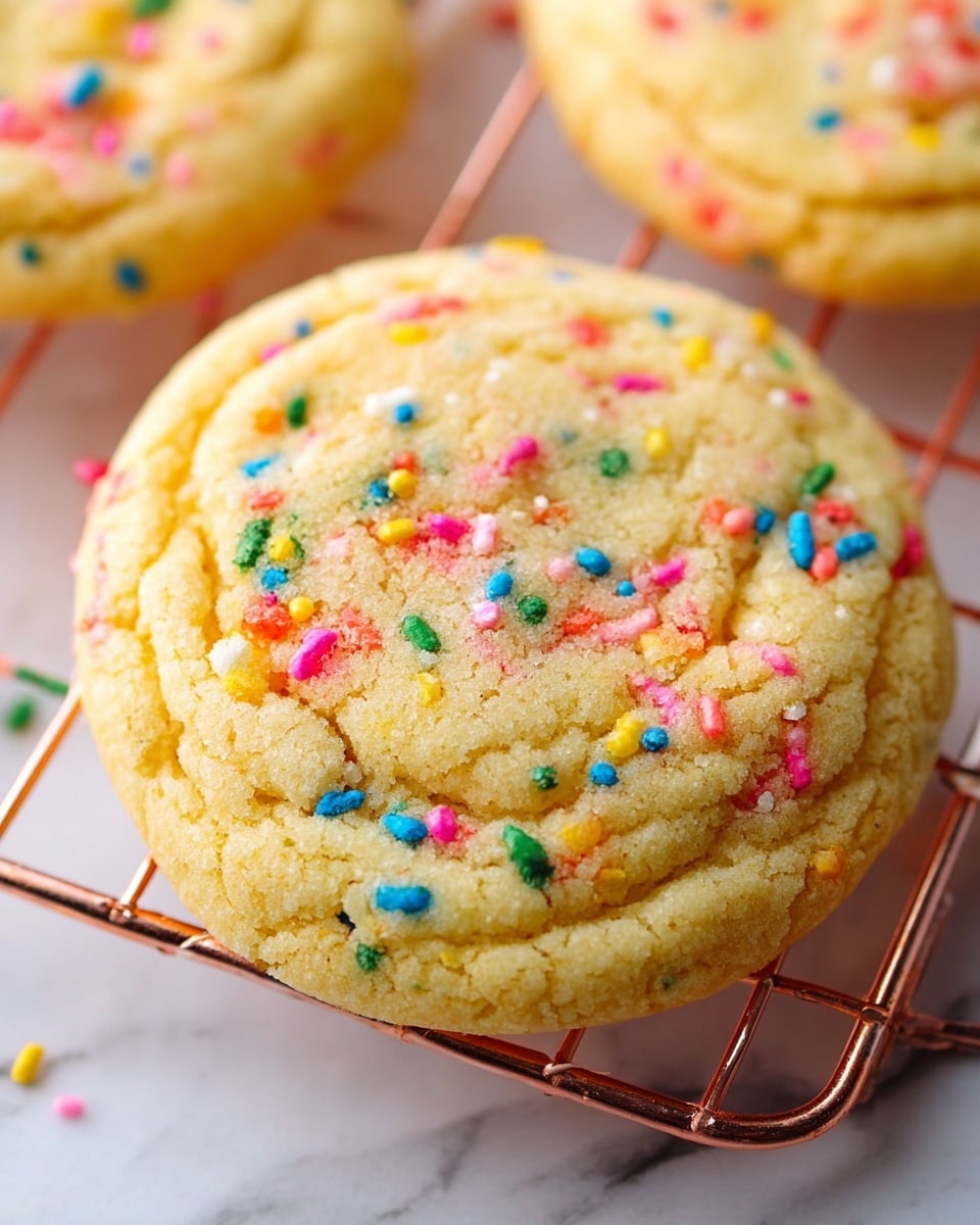 The image shows a close-up of a round soft cookie with a slightly cracked top surface. The cookie is light golden yellow with a few layers of soft, chewy texture visible, especially on the top where the cracks reveal a denser inner layer. The cookie is decorated with small, colorful sprinkles in red, blue, yellow, pink, green, and orange, spread evenly across the surface. In the background, part of another similar cookie and a copper wire cooling rack can be seen, all set on a white marbled surface. photo taken with an iphone --ar 4:5 --v 7