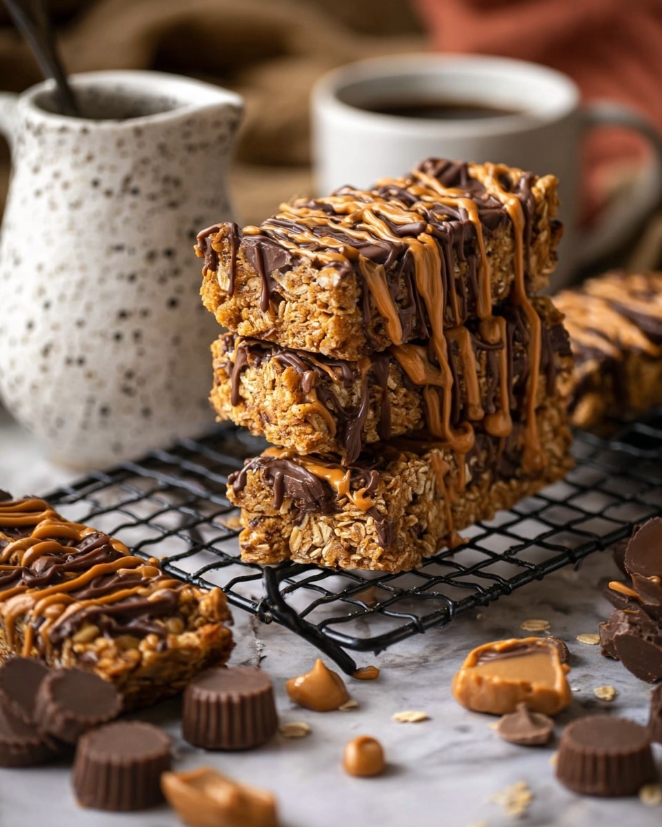 A stack of three thick, rectangular peanut butter oat bars sits on a black wire cooling rack, each bar showing a dense, chewy texture with oats and pieces of peanut butter cups embedded inside. The bars are drizzled generously with light brown peanut butter sauce and dark chocolate sauce, creating an inviting contrast on the rough oat surface. Scattered around the bars are small peanut butter cup halves and rounds. To the left, a white speckled ceramic pitcher with dark chocolate inside is partly visible, while a white speckled cup is seen in the background. The whole arrangement is set on a white marbled surface, giving a cozy, homemade feel. photo taken with an iphone --ar 4:5 --v 7