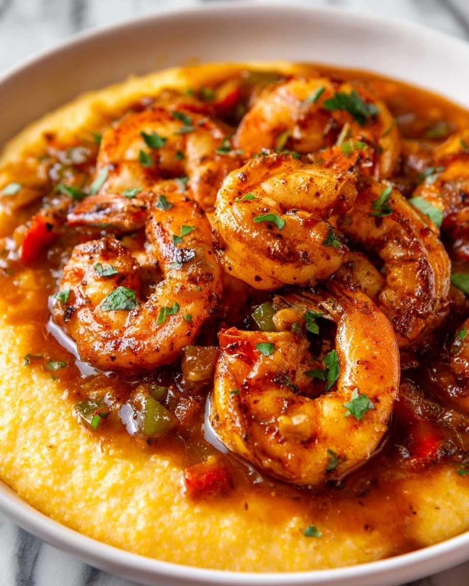 This image shows a close-up of a dish with cooked shrimp layered on top of creamy yellow grits. The shrimp are orange-brown with visible seasoning and small pieces of red and green bell peppers and onions mixed in. There are also chopped green herbs sprinkled on top. The shrimp sit in a glossy brown sauce that spreads over the grits, which have a smooth, slightly grainy texture. The dish is served in a white bowl placed on a white marbled surface. photo taken with an iphone --ar 4:5 --v 7